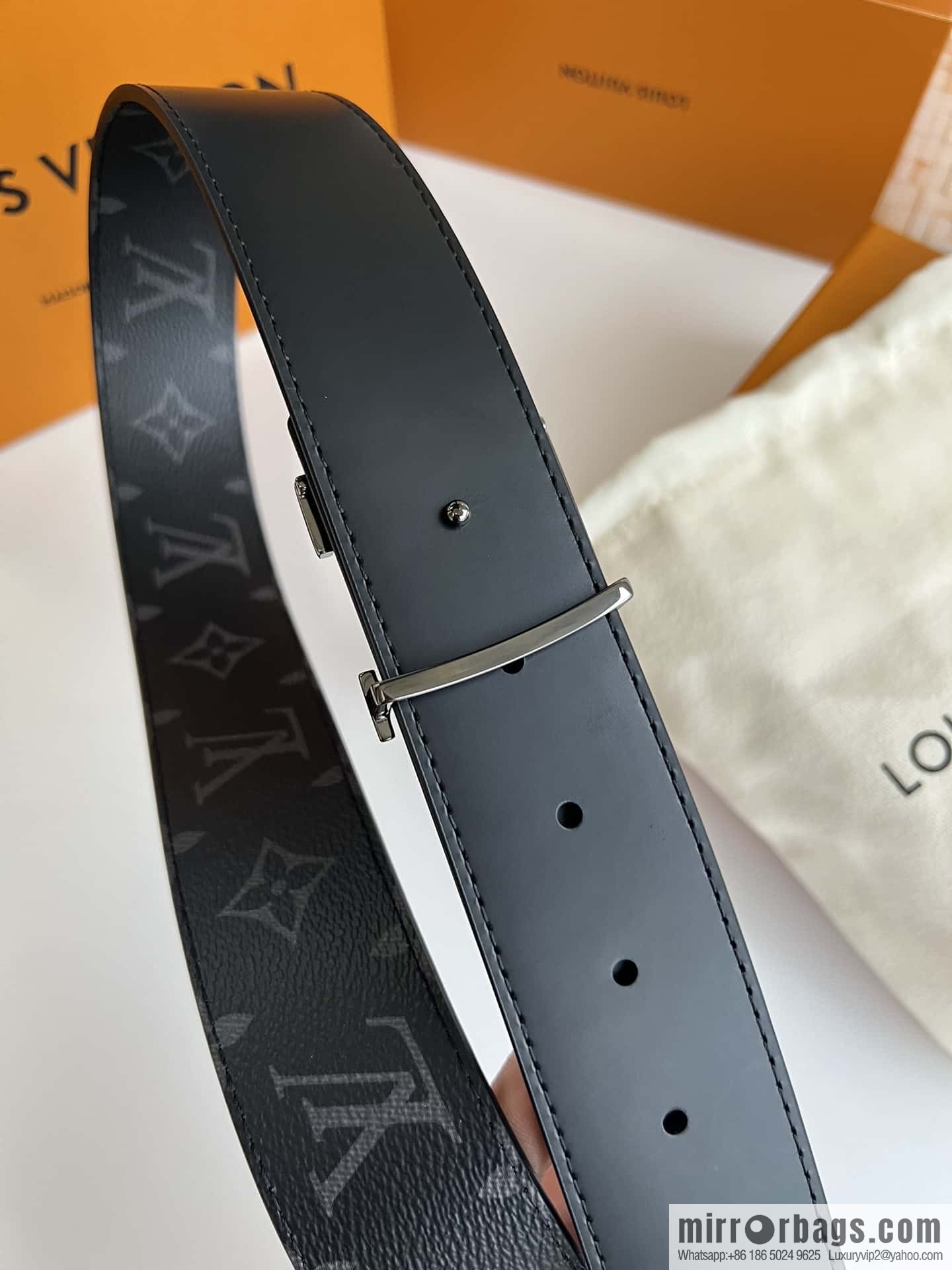 LV Monogram Canvas and Plain Cow Leather Tag Double Sided Belt 40mm