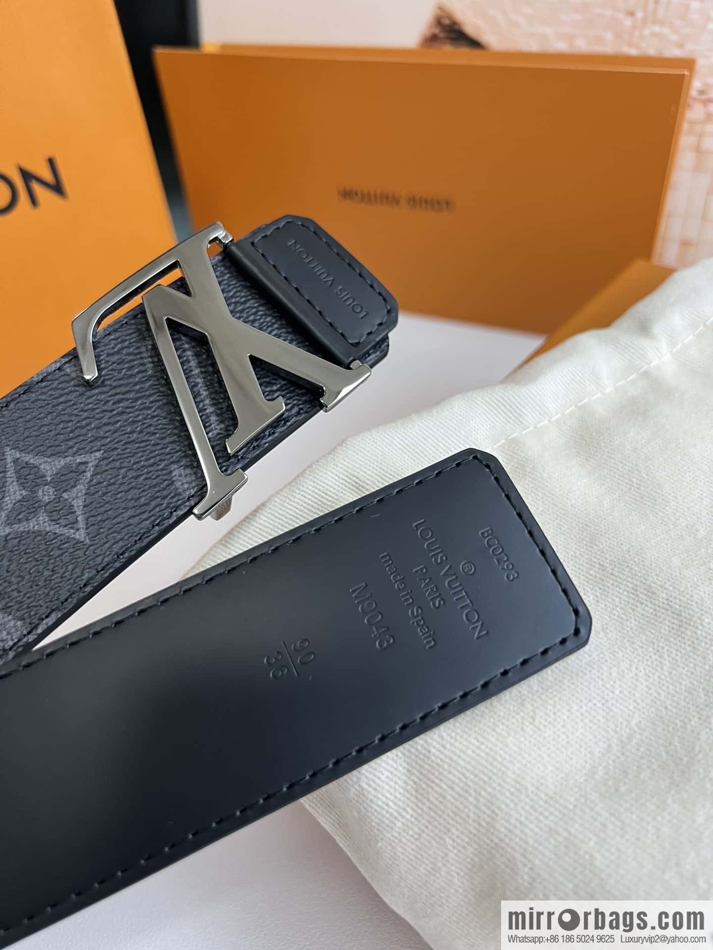 LV Monogram Canvas and Plain Cow Leather Tag Double Sided Belt 40mm
