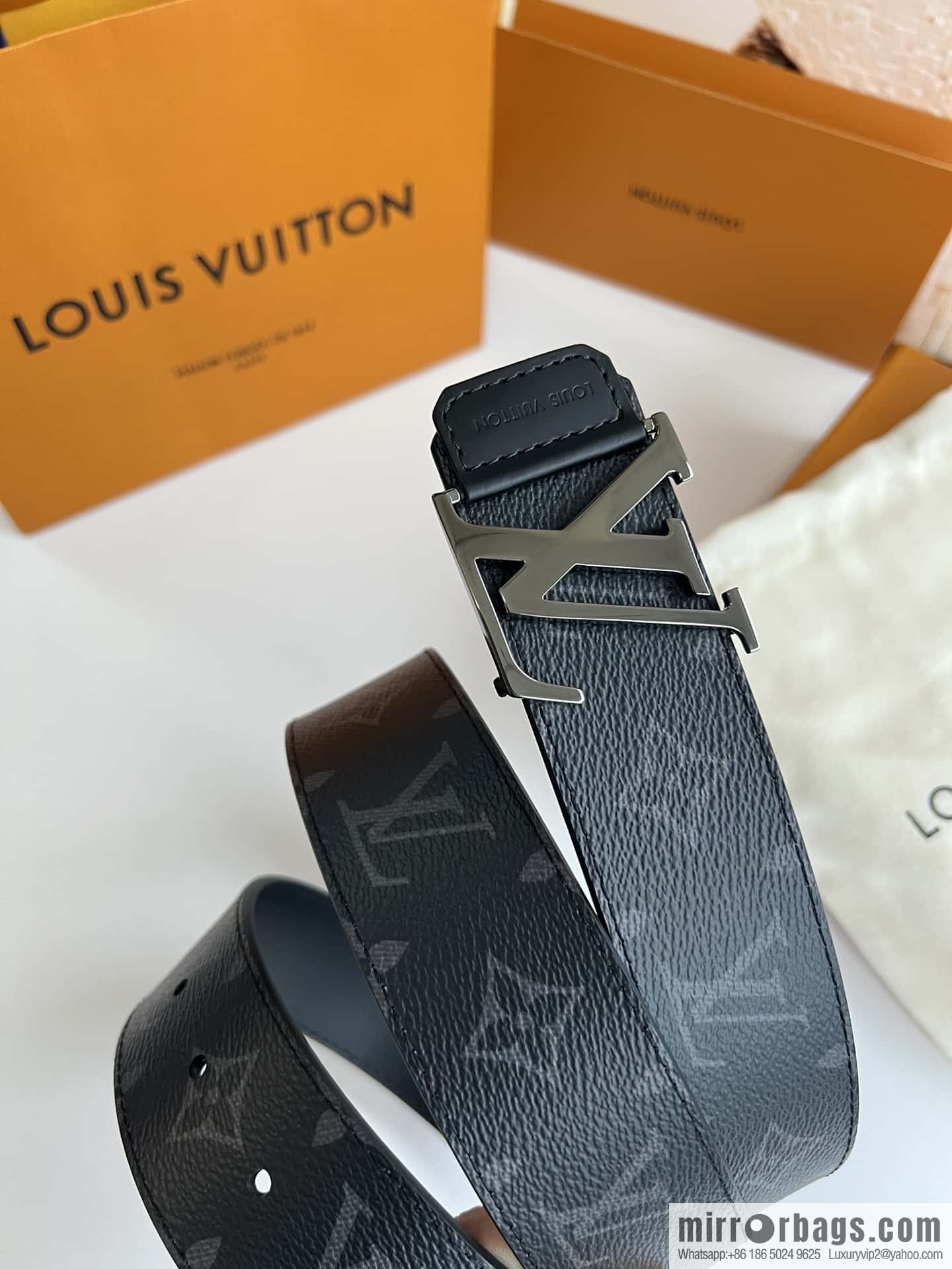 LV Monogram Canvas and Plain Cow Leather Tag Double Sided Belt 40mm