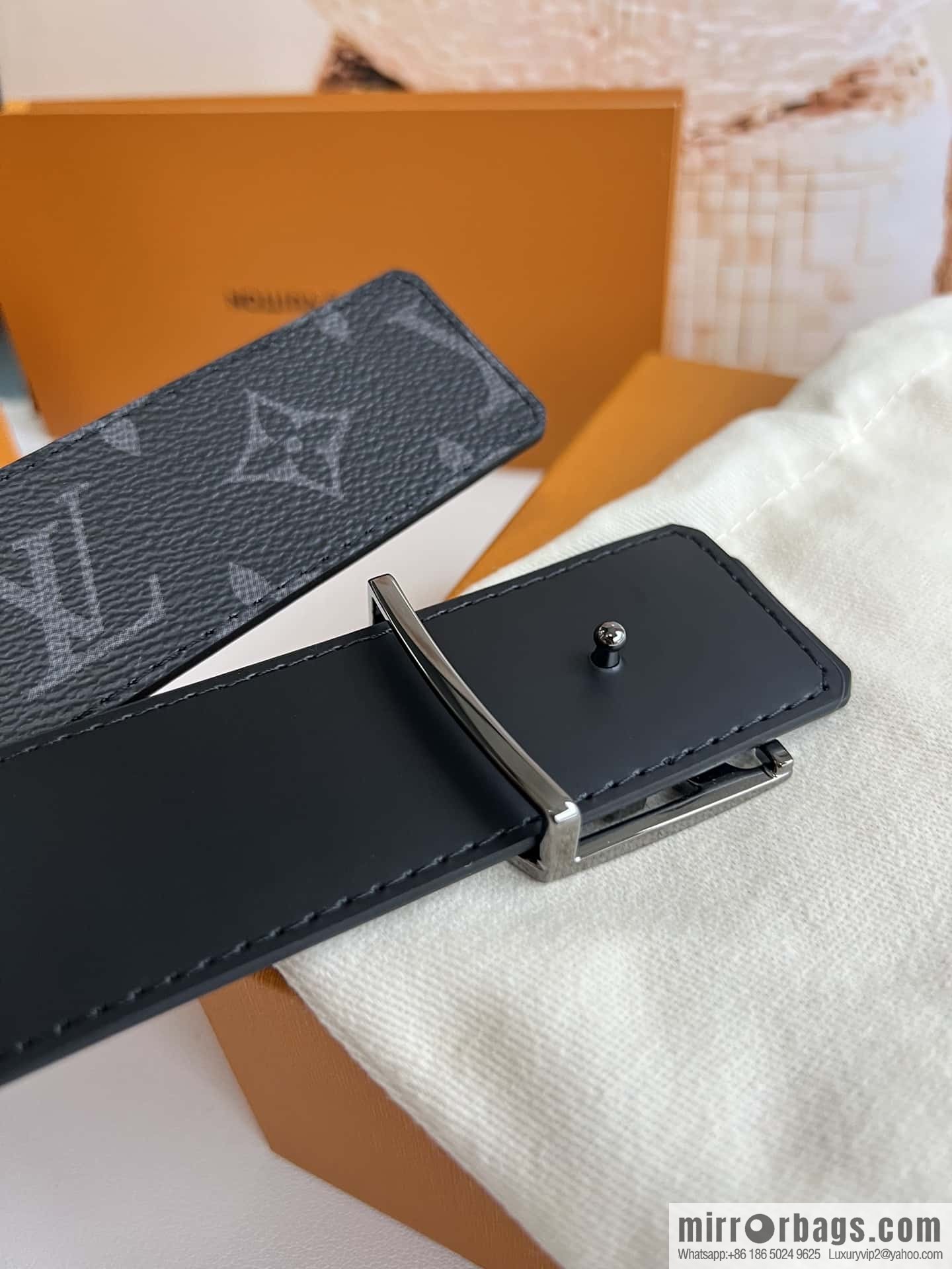 LV Monogram Canvas and Plain Cow Leather Tag Double Sided Belt 40mm