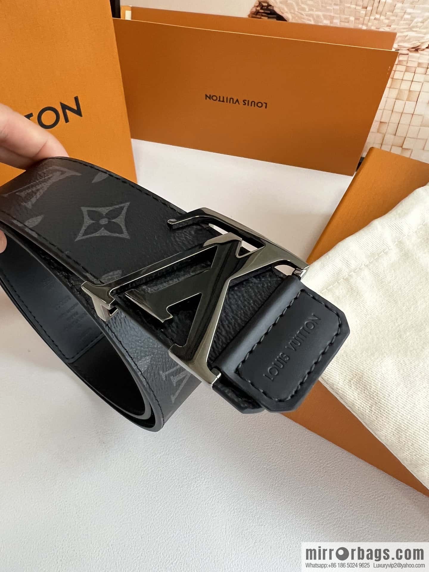 LV Monogram Canvas and Plain Cow Leather Tag Double Sided Belt 40mm