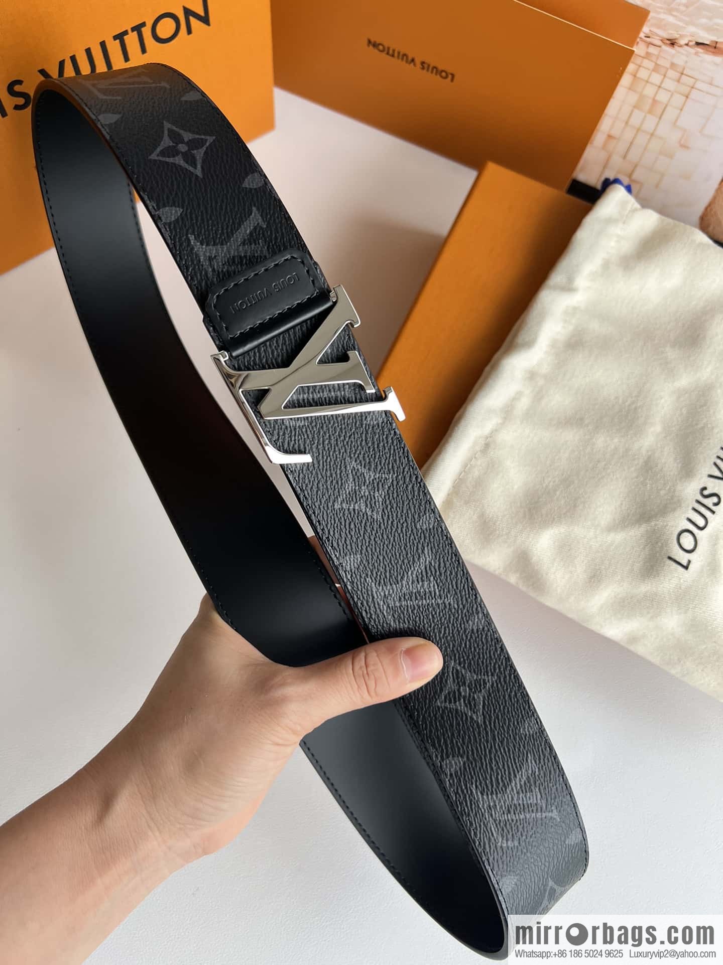 LV Monogram Canvas and Plain Cow Leather Tag Double Sided Belt 40mm