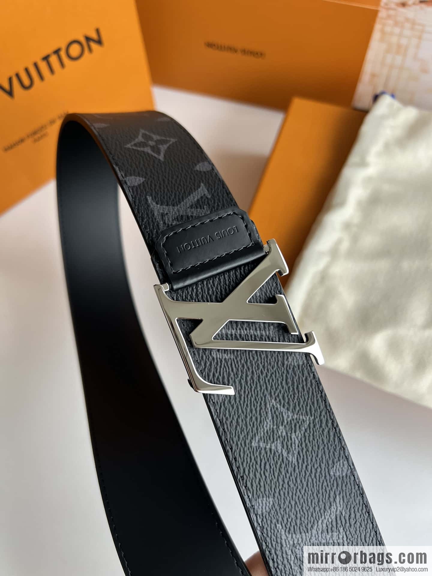 LV Monogram Canvas and Plain Cow Leather Tag Double Sided Belt 40mm