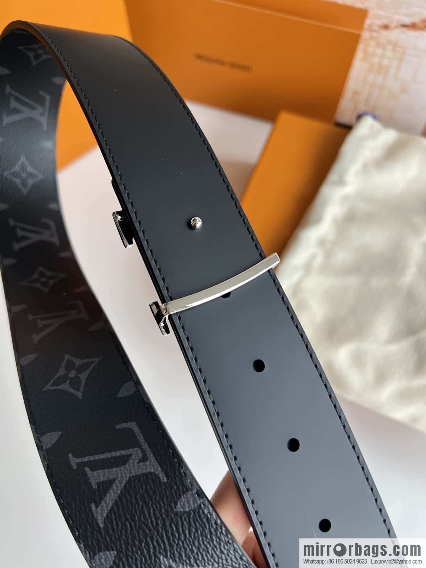 LV Monogram Canvas and Plain Cow Leather Tag Double Sided Belt 40mm