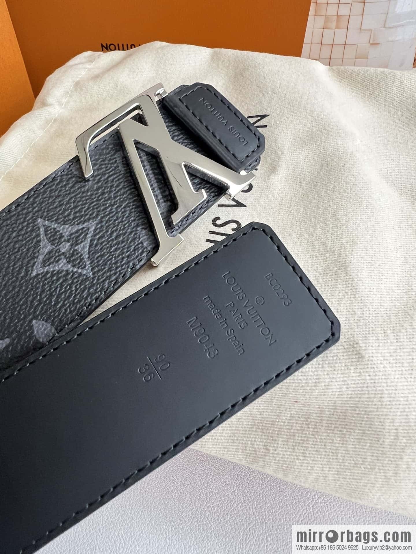 LV Monogram Canvas and Plain Cow Leather Tag Double Sided Belt 40mm