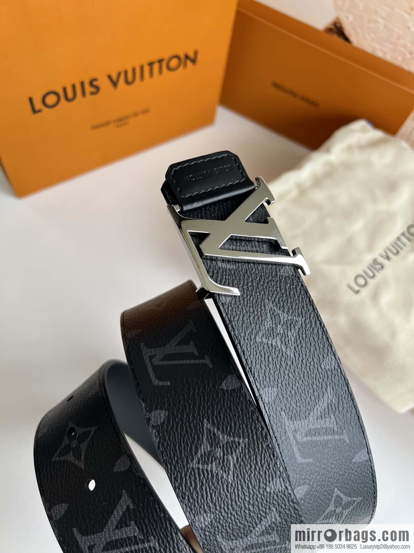 LV Monogram Canvas and Plain Cow Leather Tag Double Sided Belt 40mm