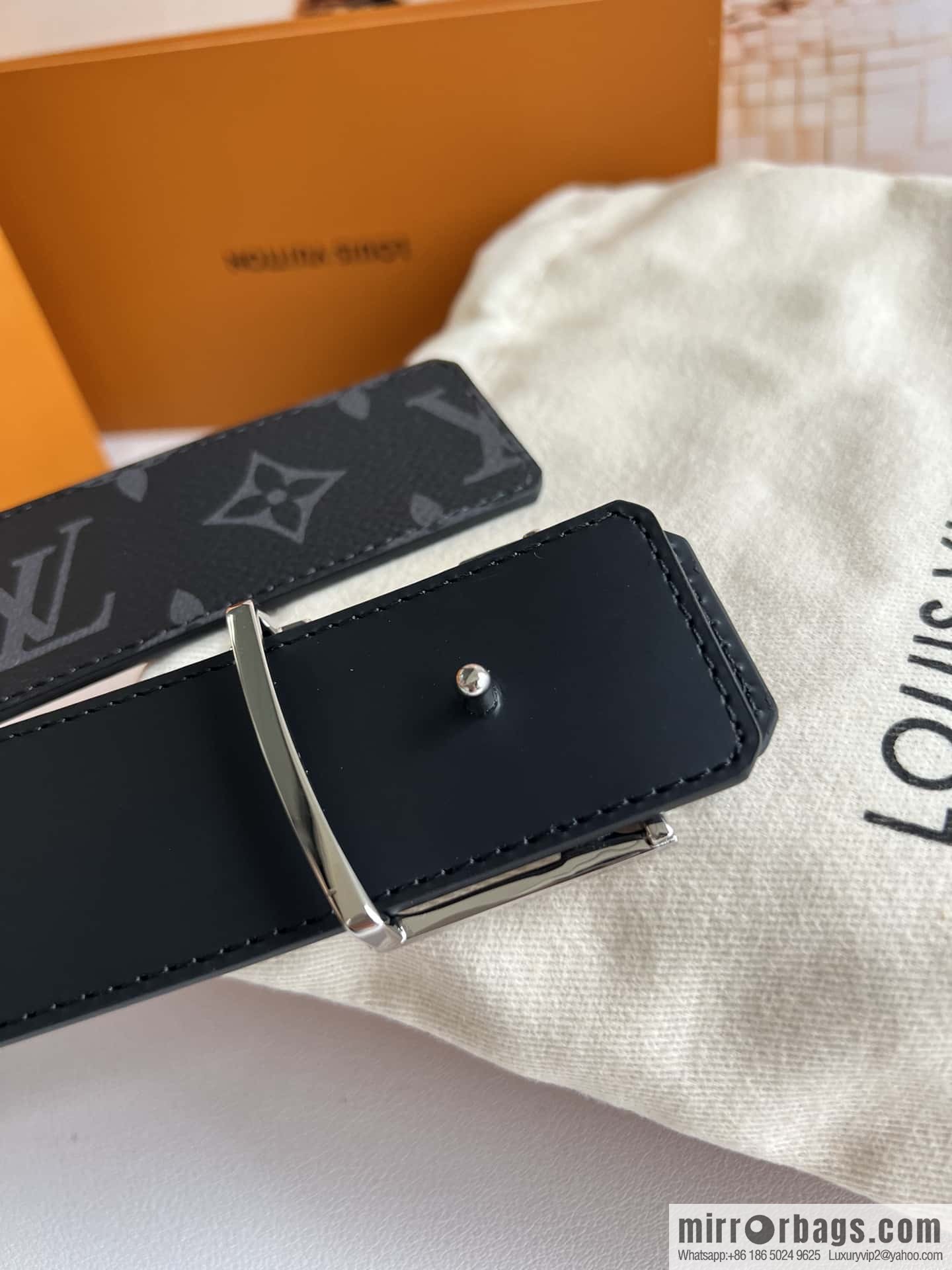 LV Monogram Canvas and Plain Cow Leather Tag Double Sided Belt 40mm
