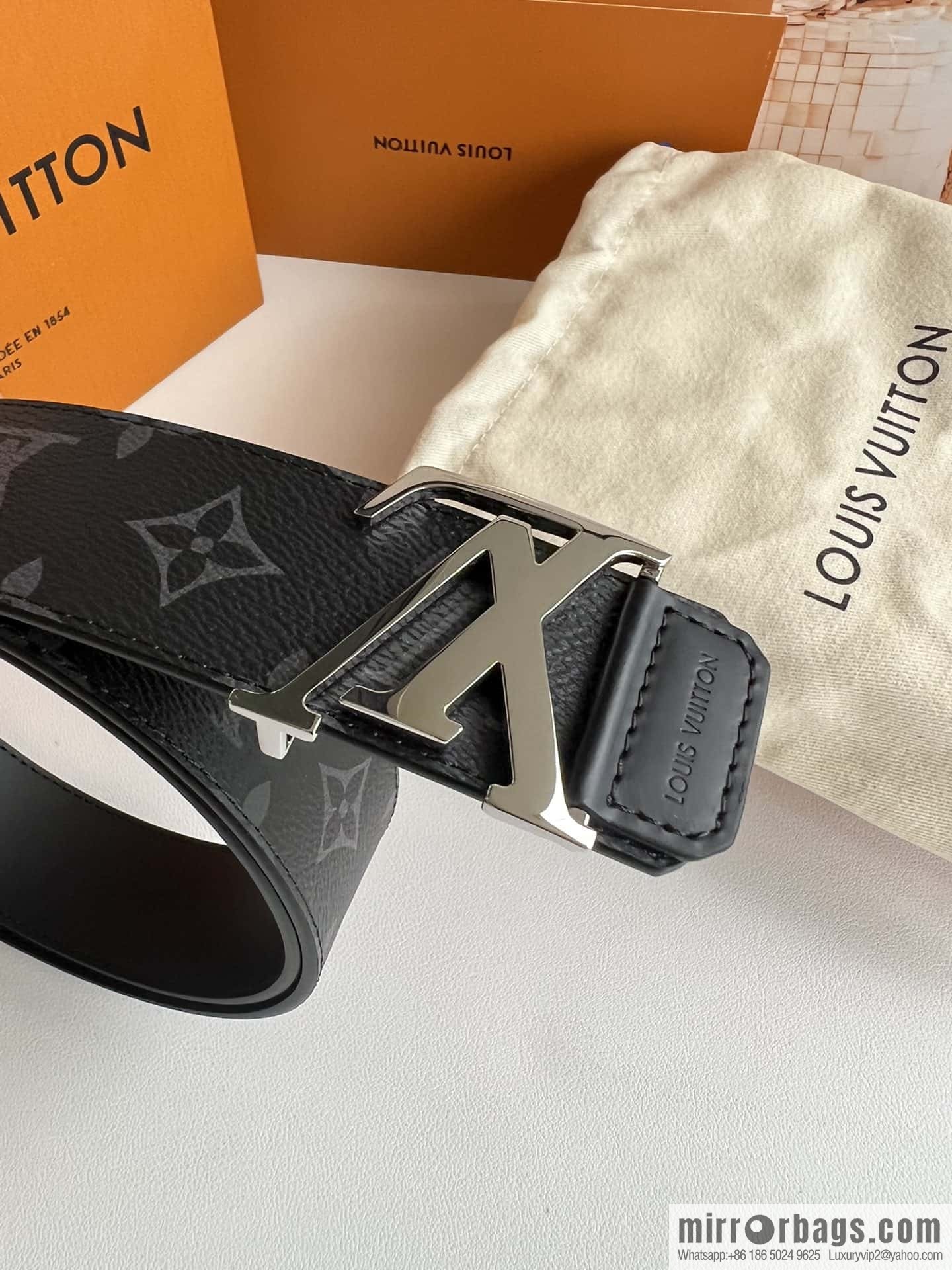 LV Monogram Canvas and Plain Cow Leather Tag Double Sided Belt 40mm