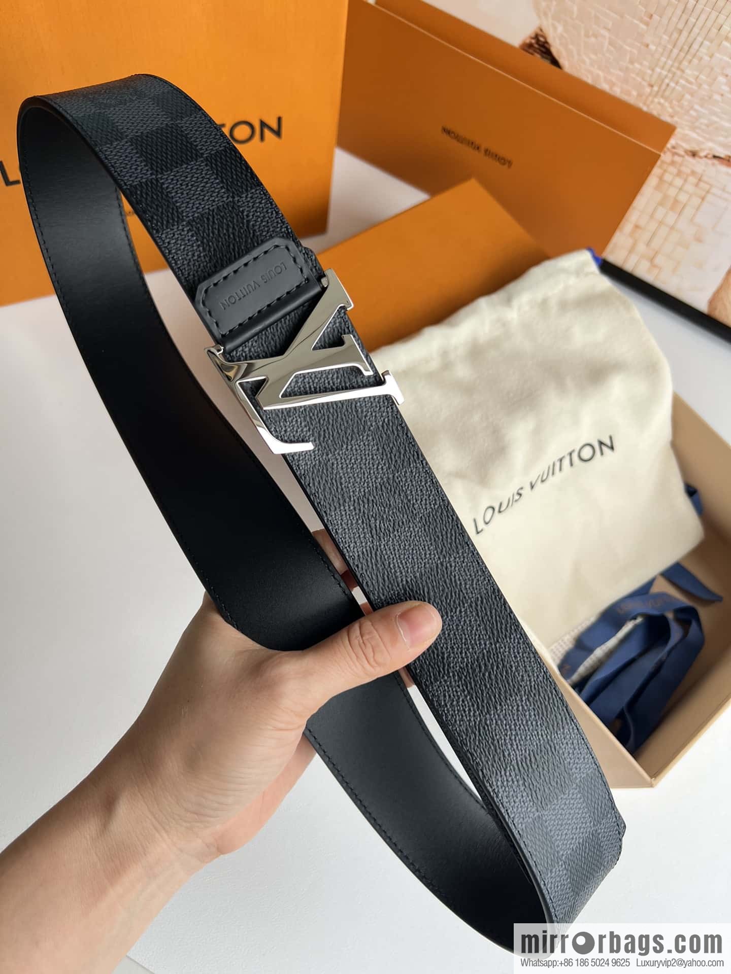 LV Monogram Canvas and Plain Cow Leather Tag Double Sided Belt 40mm