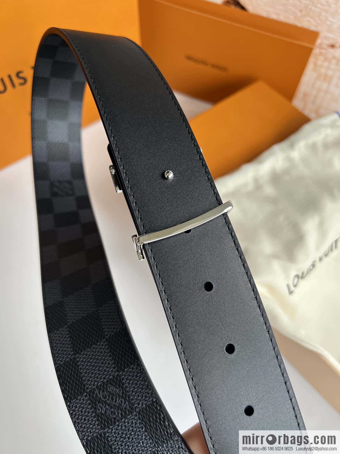 LV Monogram Canvas and Plain Cow Leather Tag Double Sided Belt 40mm