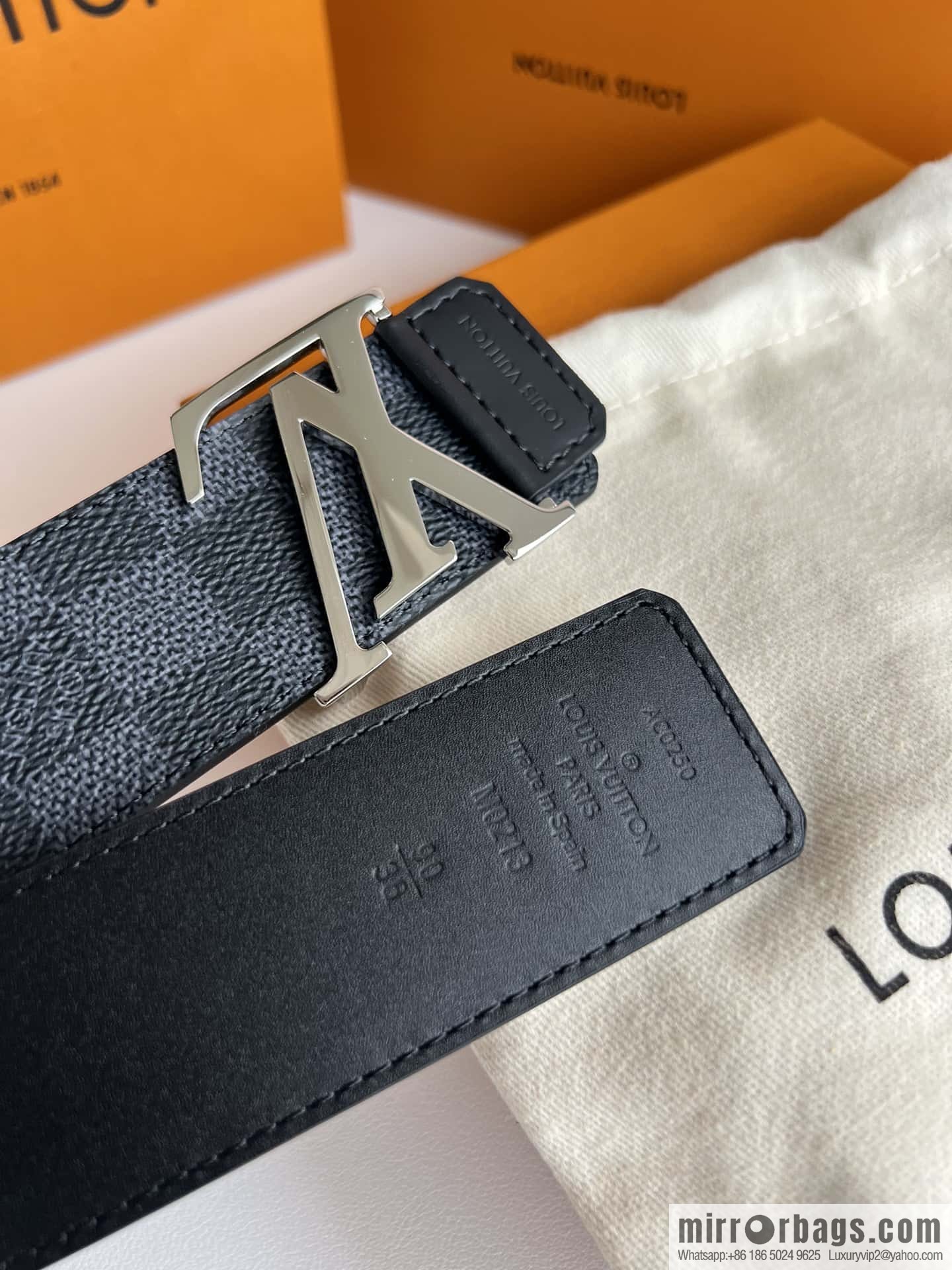 LV Monogram Canvas and Plain Cow Leather Tag Double Sided Belt 40mm