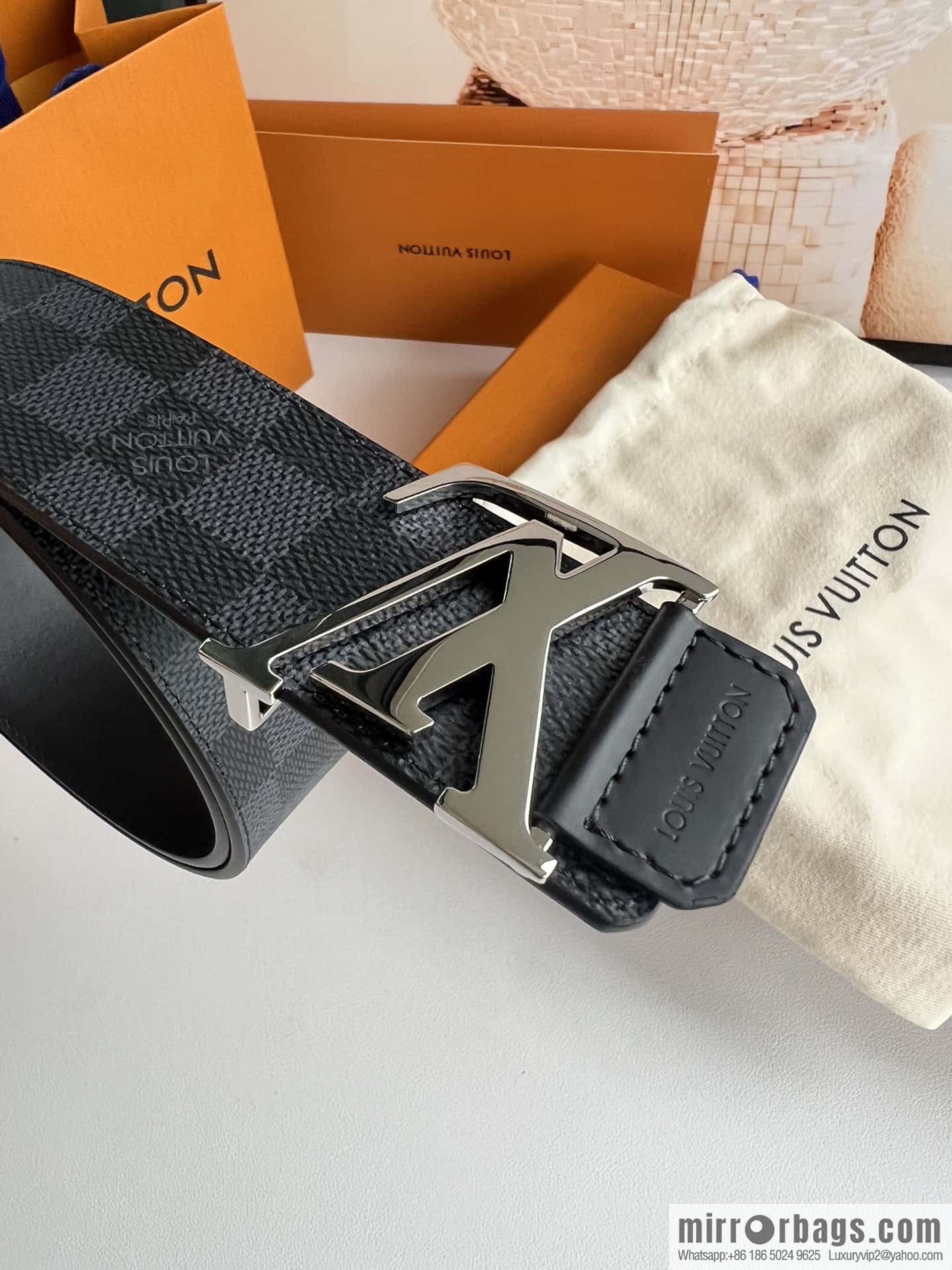 LV Monogram Canvas and Plain Cow Leather Tag Double Sided Belt 40mm