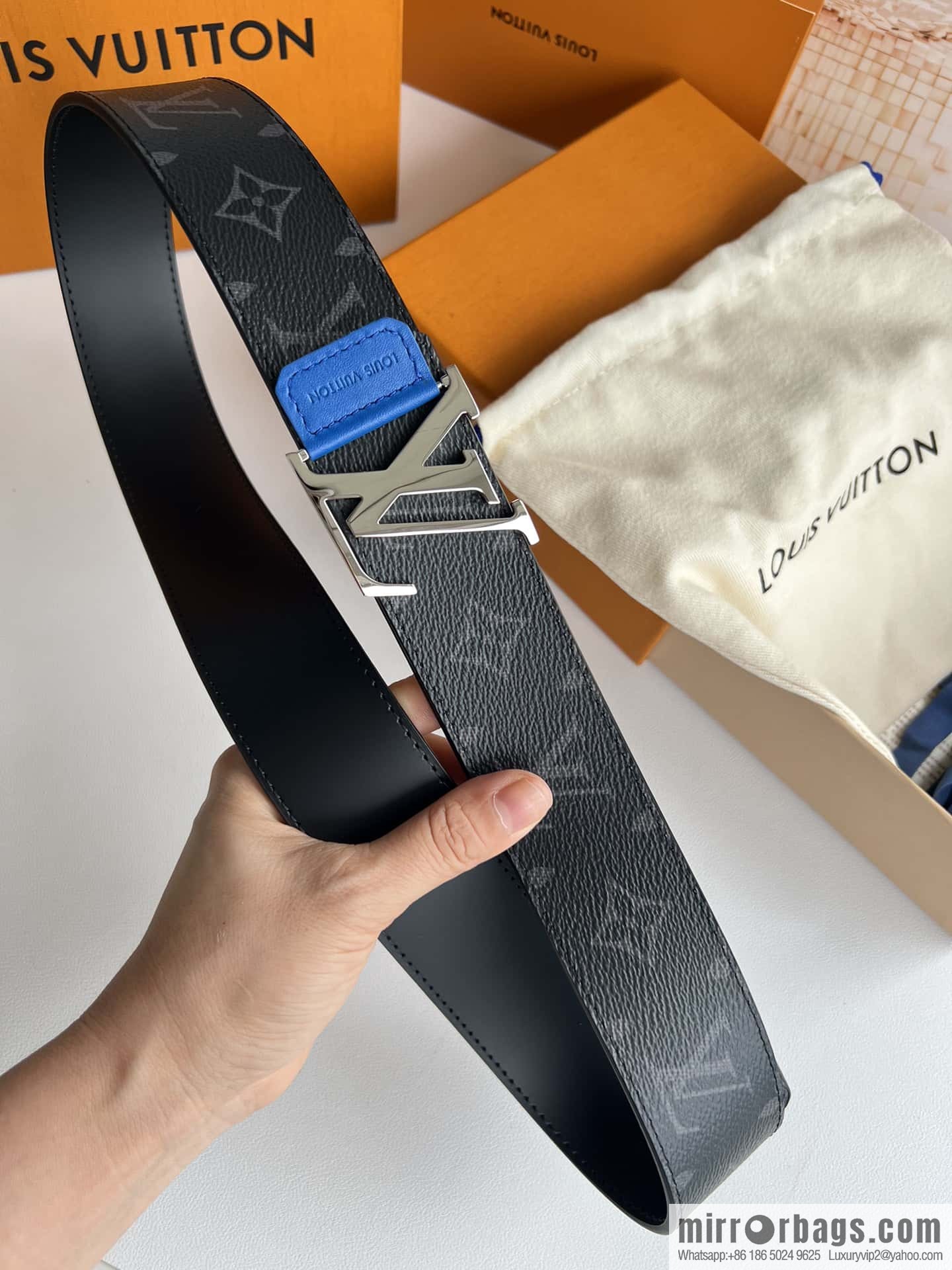 LV Monogram Canvas and Plain Cow Leather Tag Double Sided Belt 40mm