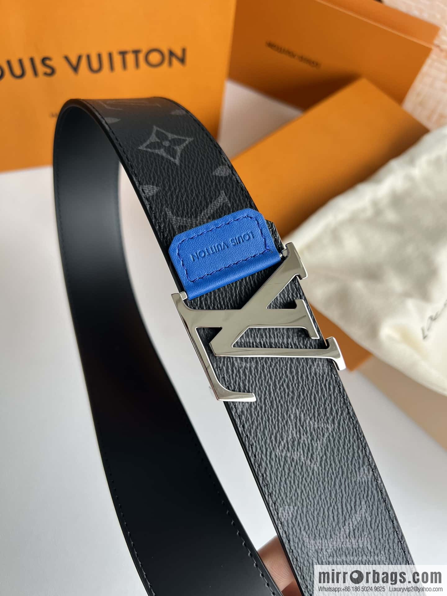 LV Monogram Canvas and Plain Cow Leather Tag Double Sided Belt 40mm