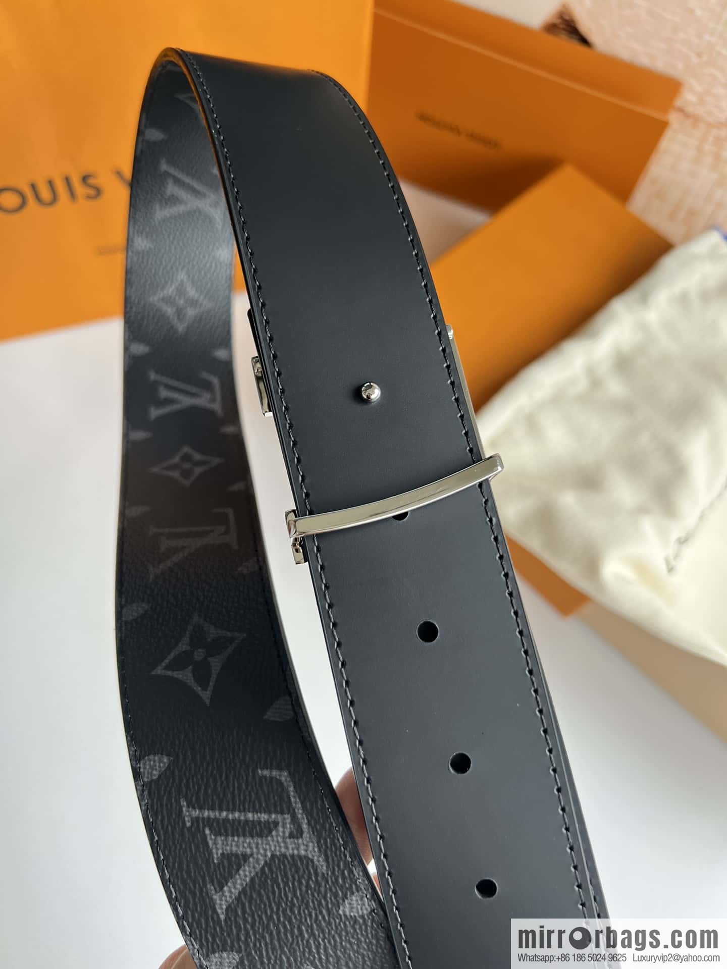 LV Monogram Canvas and Plain Cow Leather Tag Double Sided Belt 40mm