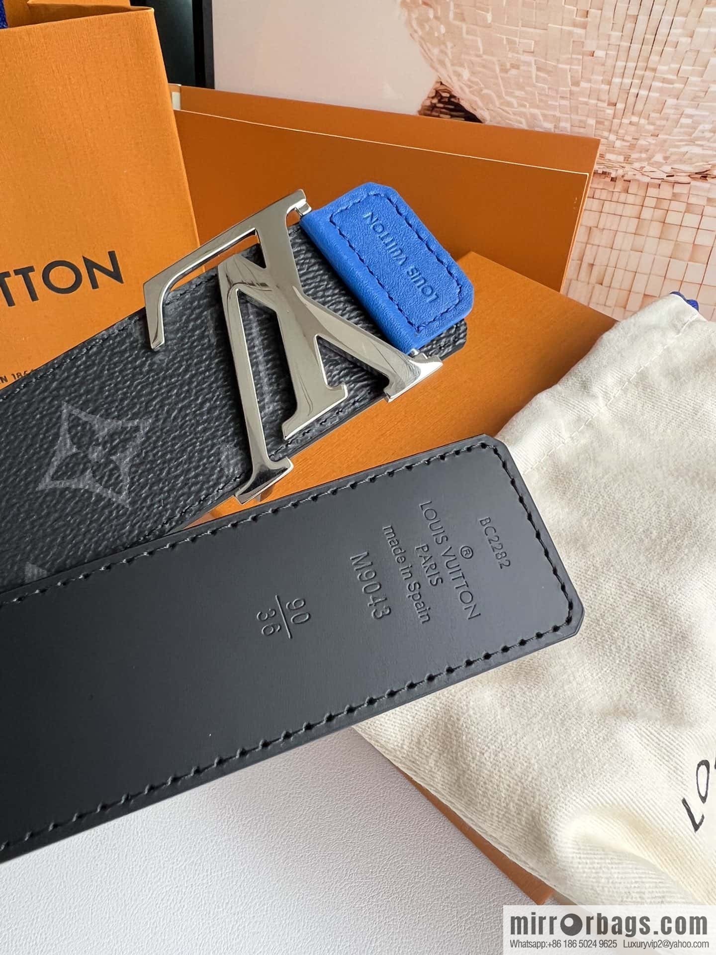 LV Monogram Canvas and Plain Cow Leather Tag Double Sided Belt 40mm