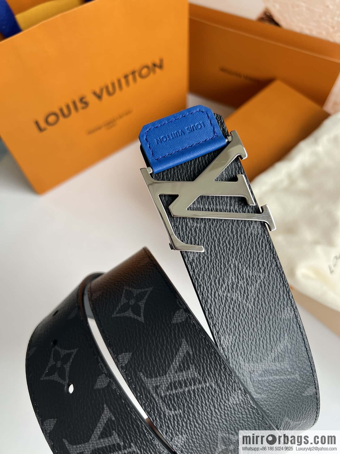 LV Monogram Canvas and Plain Cow Leather Tag Double Sided Belt 40mm