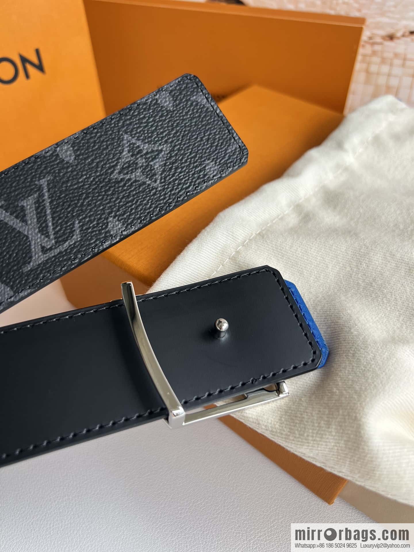 LV Monogram Canvas and Plain Cow Leather Tag Double Sided Belt 40mm