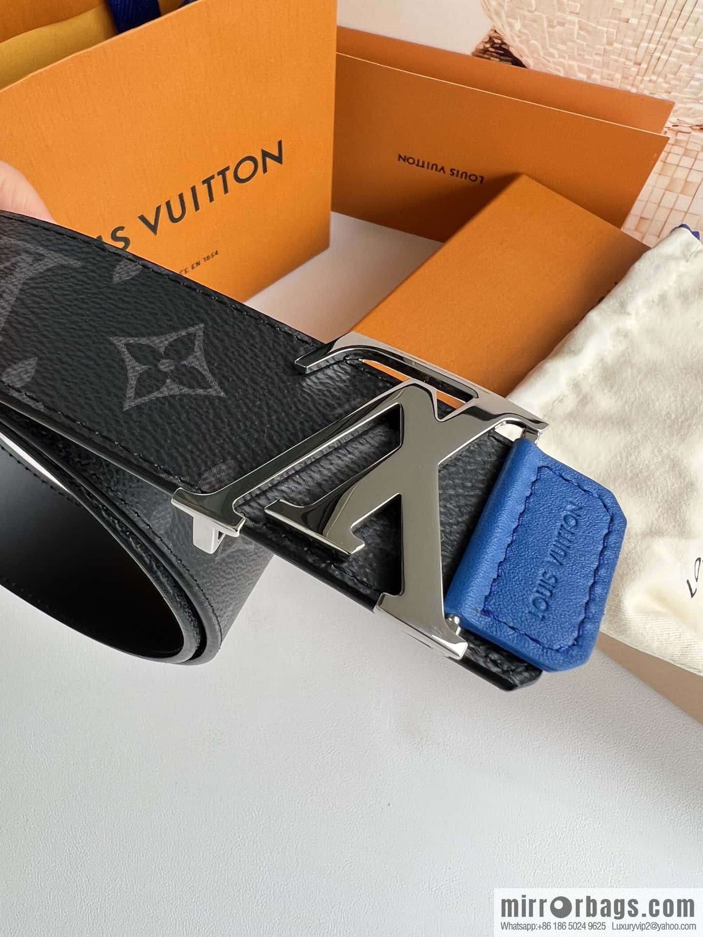 LV Monogram Canvas and Plain Cow Leather Tag Double Sided Belt 40mm