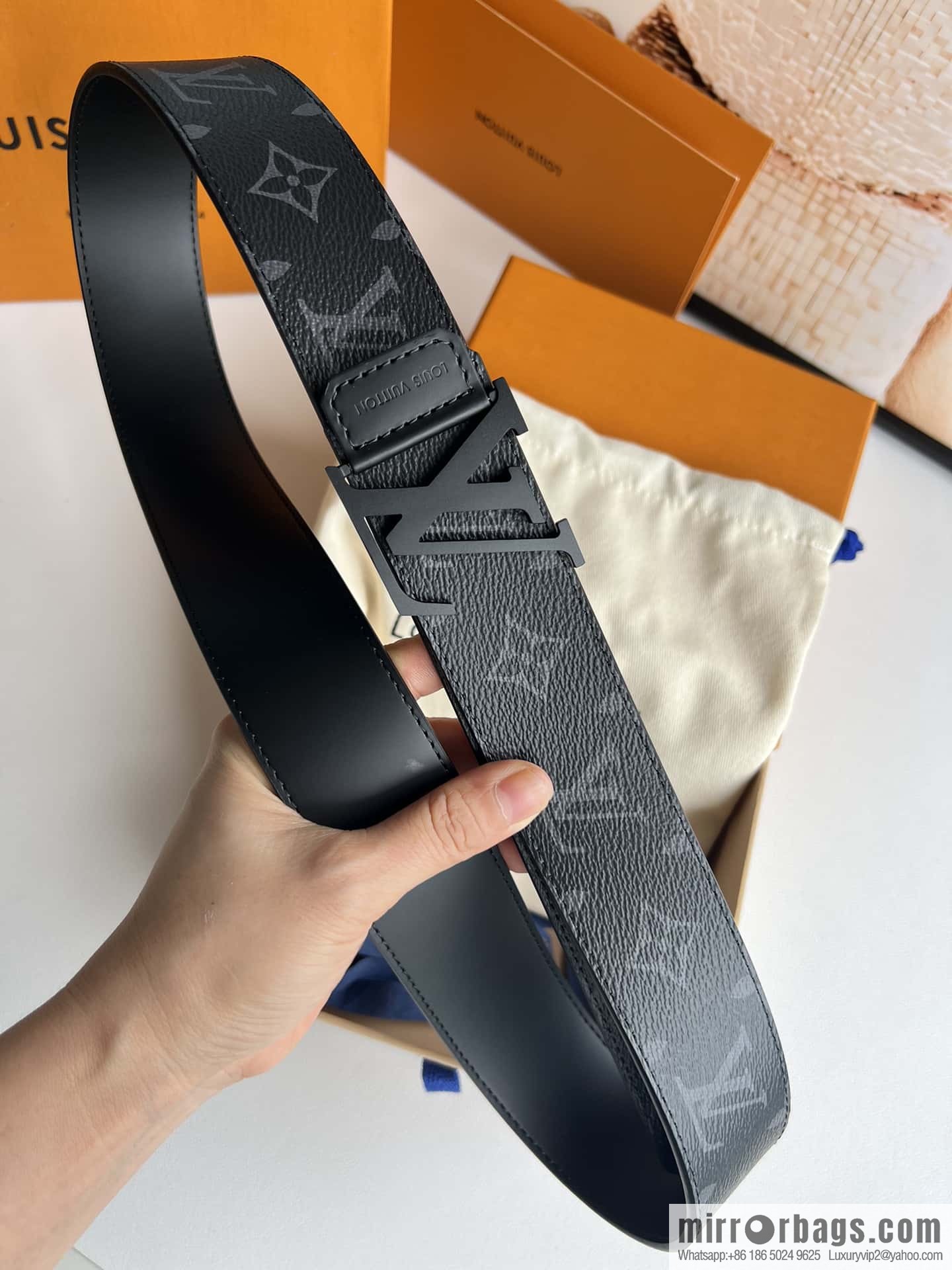 LV Monogram Canvas and Plain Cow Leather Tag Double Sided Belt 40mm