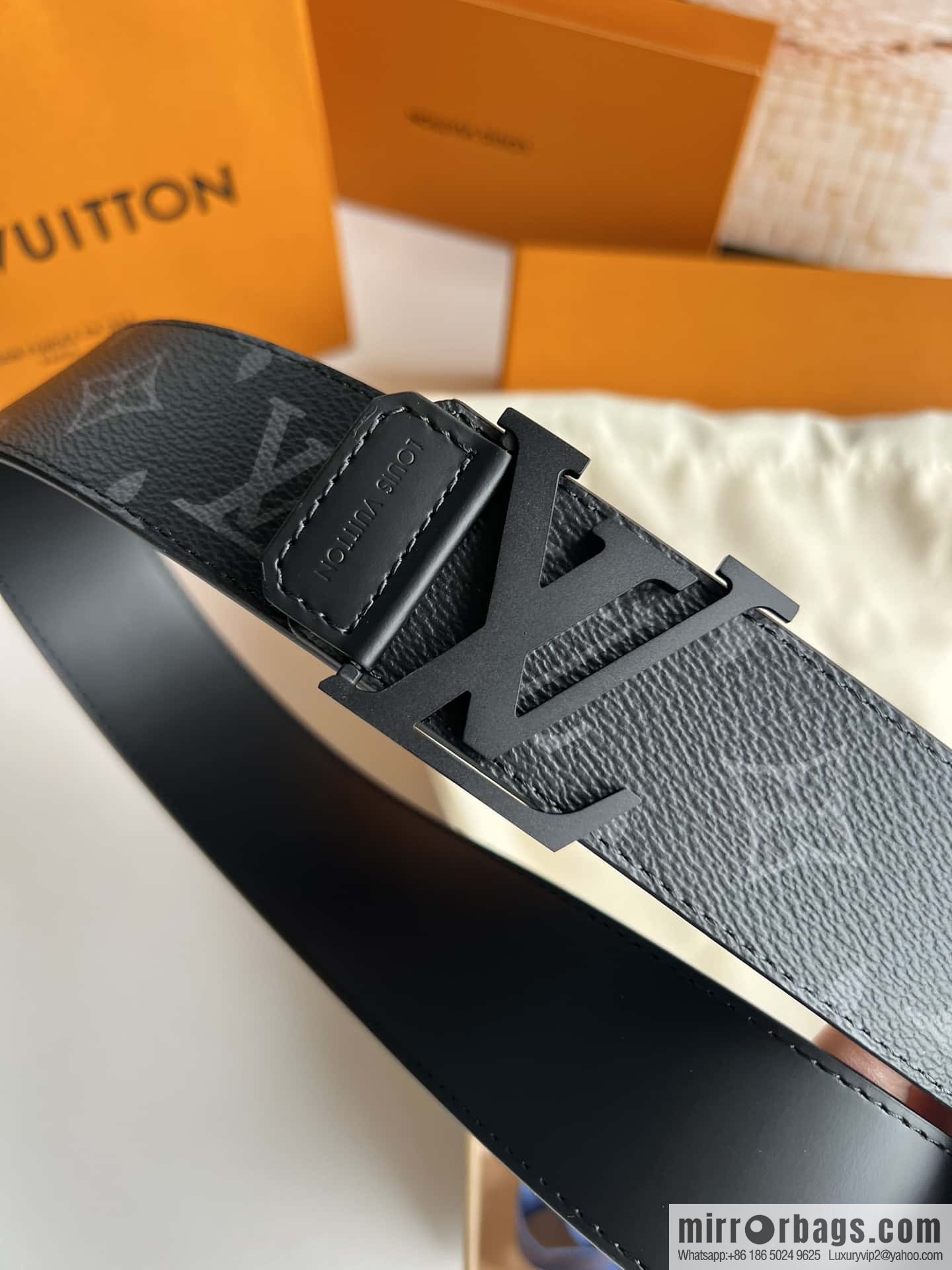 LV Monogram Canvas and Plain Cow Leather Tag Double Sided Belt 40mm