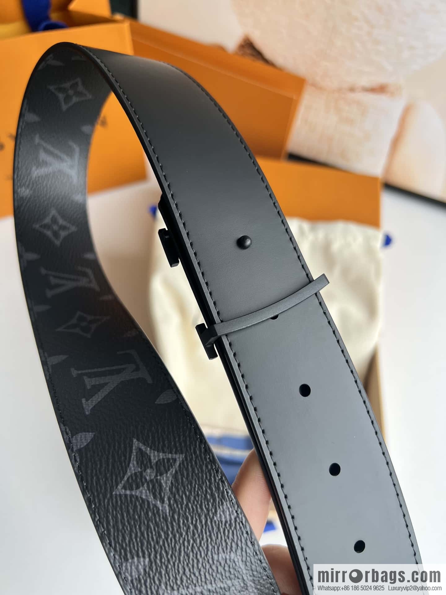 LV Monogram Canvas and Plain Cow Leather Tag Double Sided Belt 40mm
