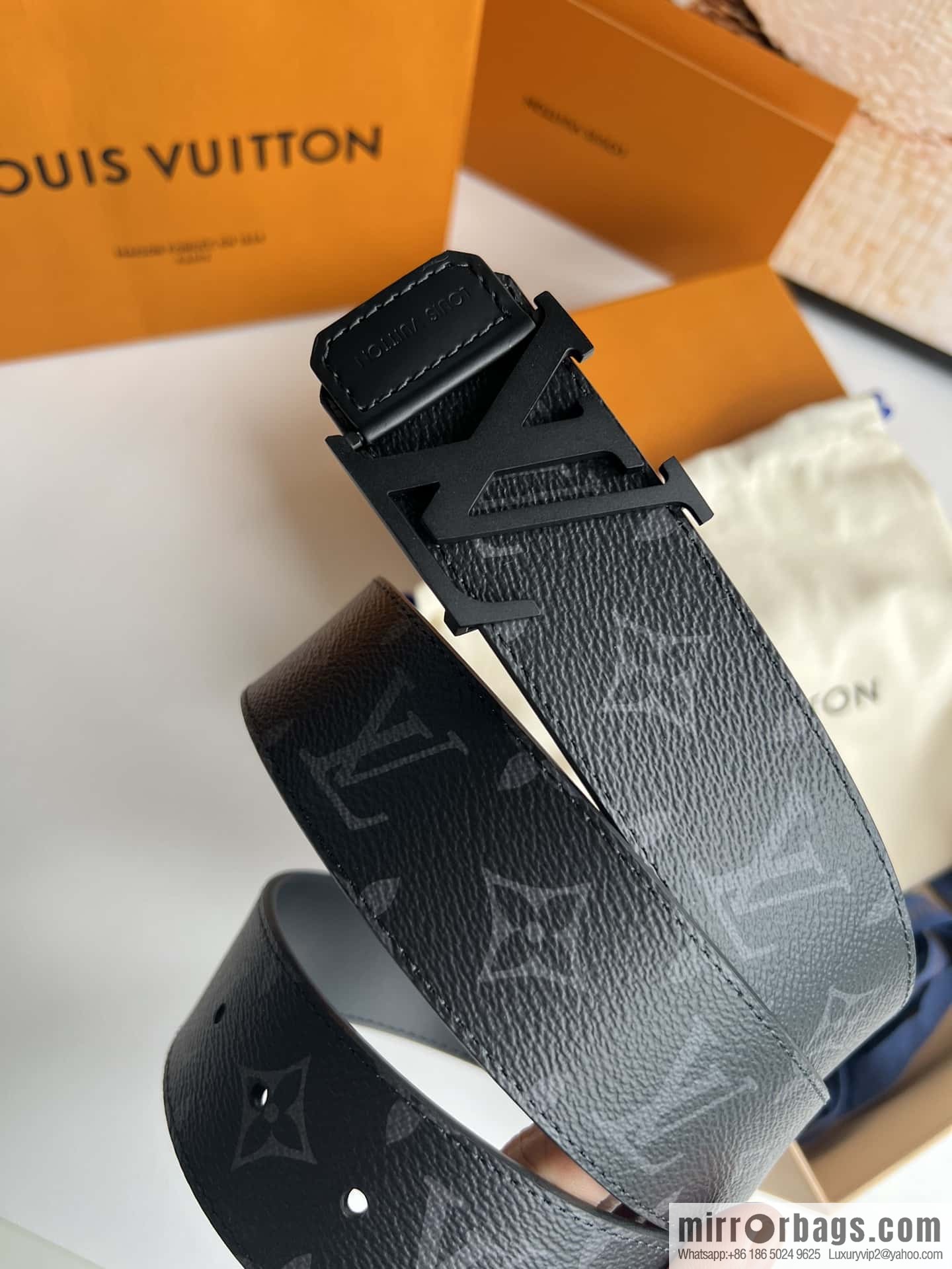 LV Monogram Canvas and Plain Cow Leather Tag Double Sided Belt 40mm