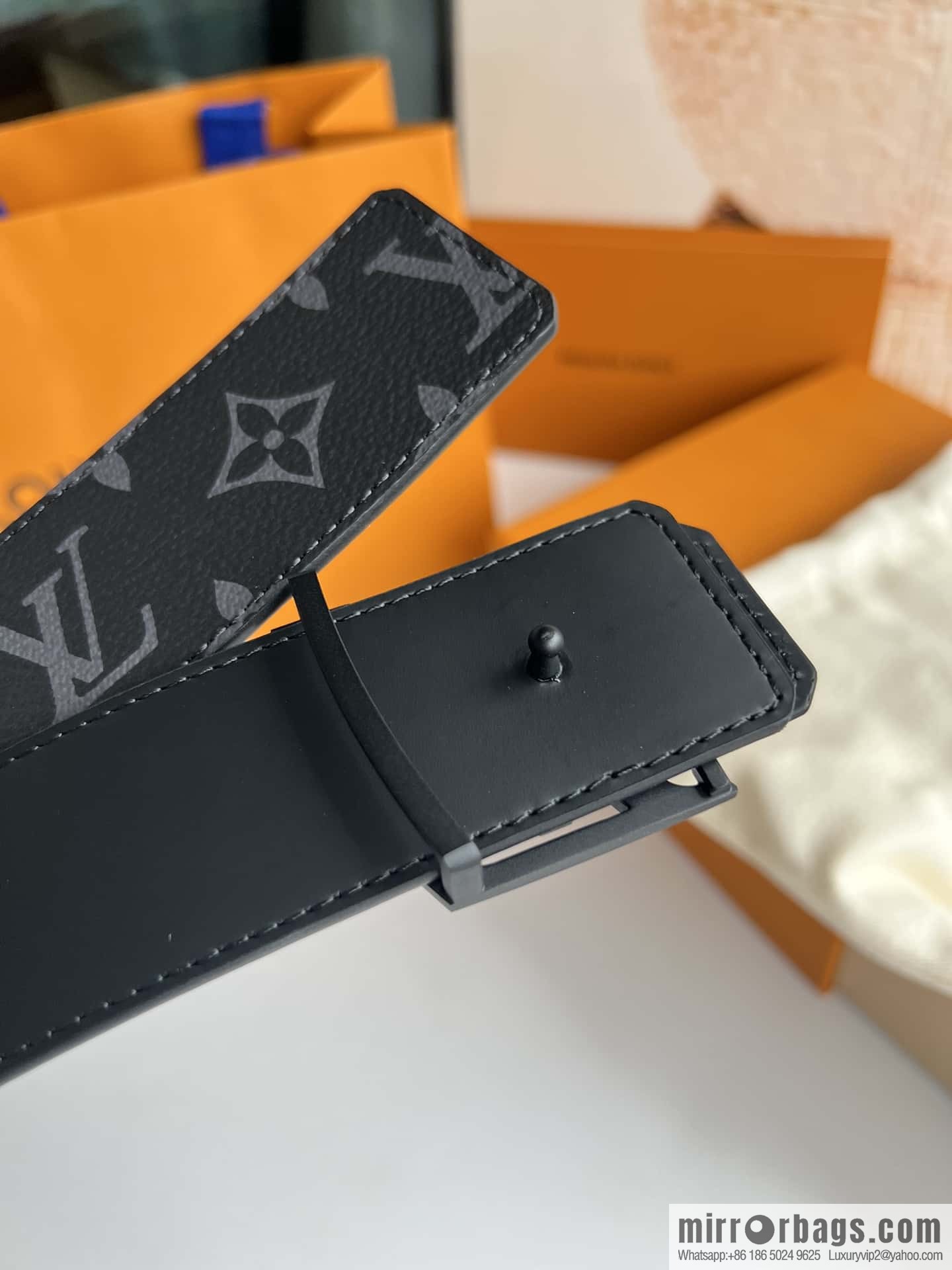 LV Monogram Canvas and Plain Cow Leather Tag Double Sided Belt 40mm