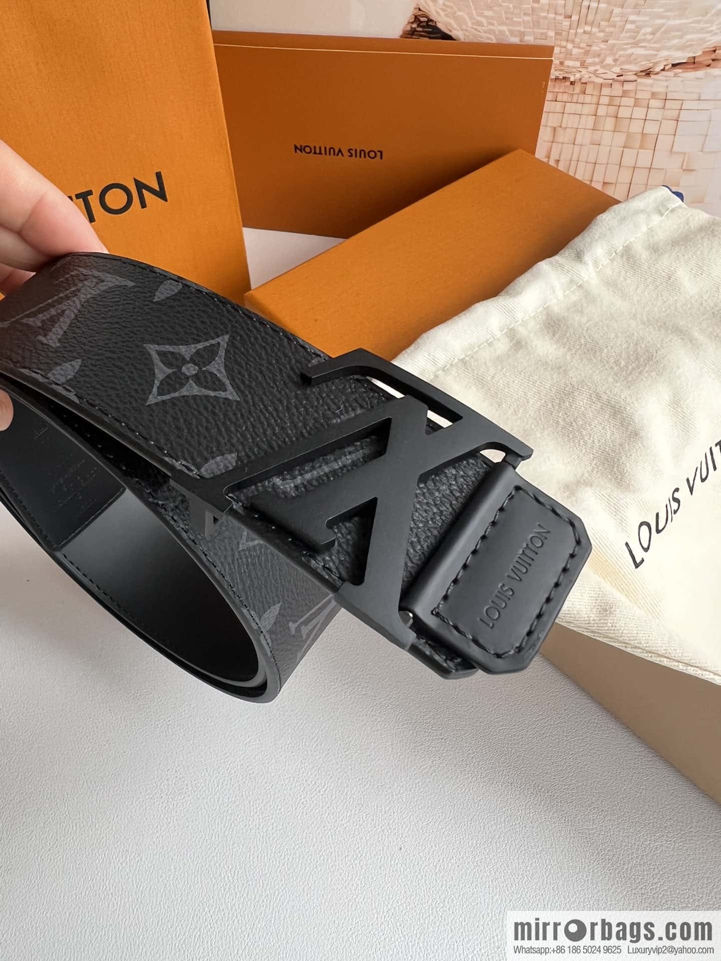 LV Monogram Canvas and Plain Cow Leather Tag Double Sided Belt 40mm