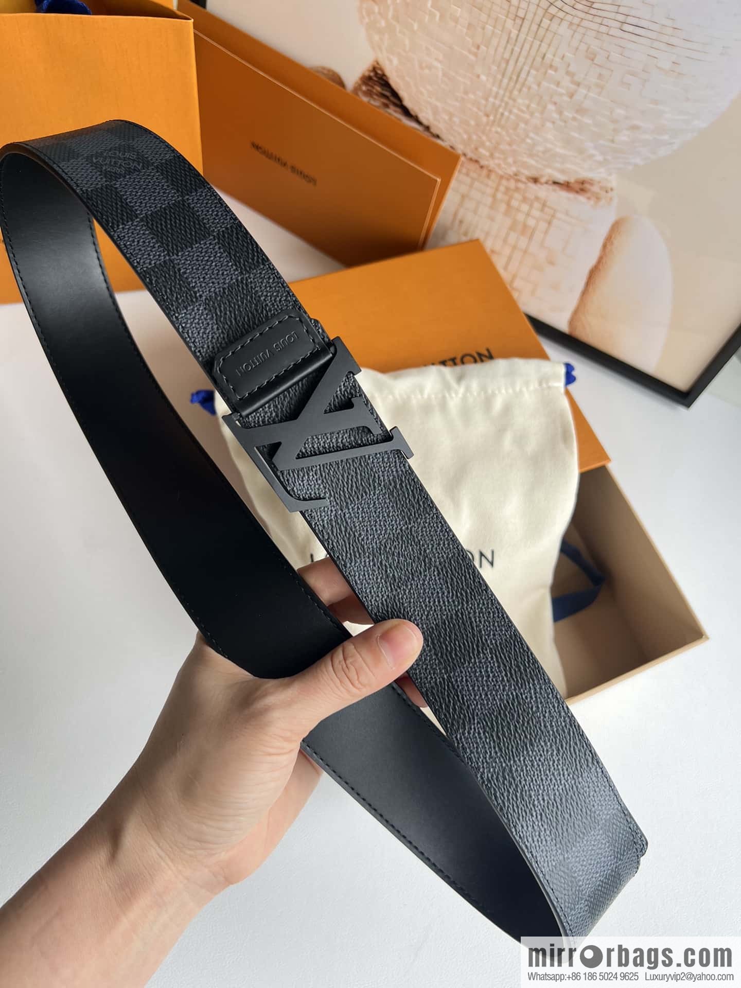 LV Monogram Canvas and Plain Cow Leather Tag Double Sided Belt 40mm