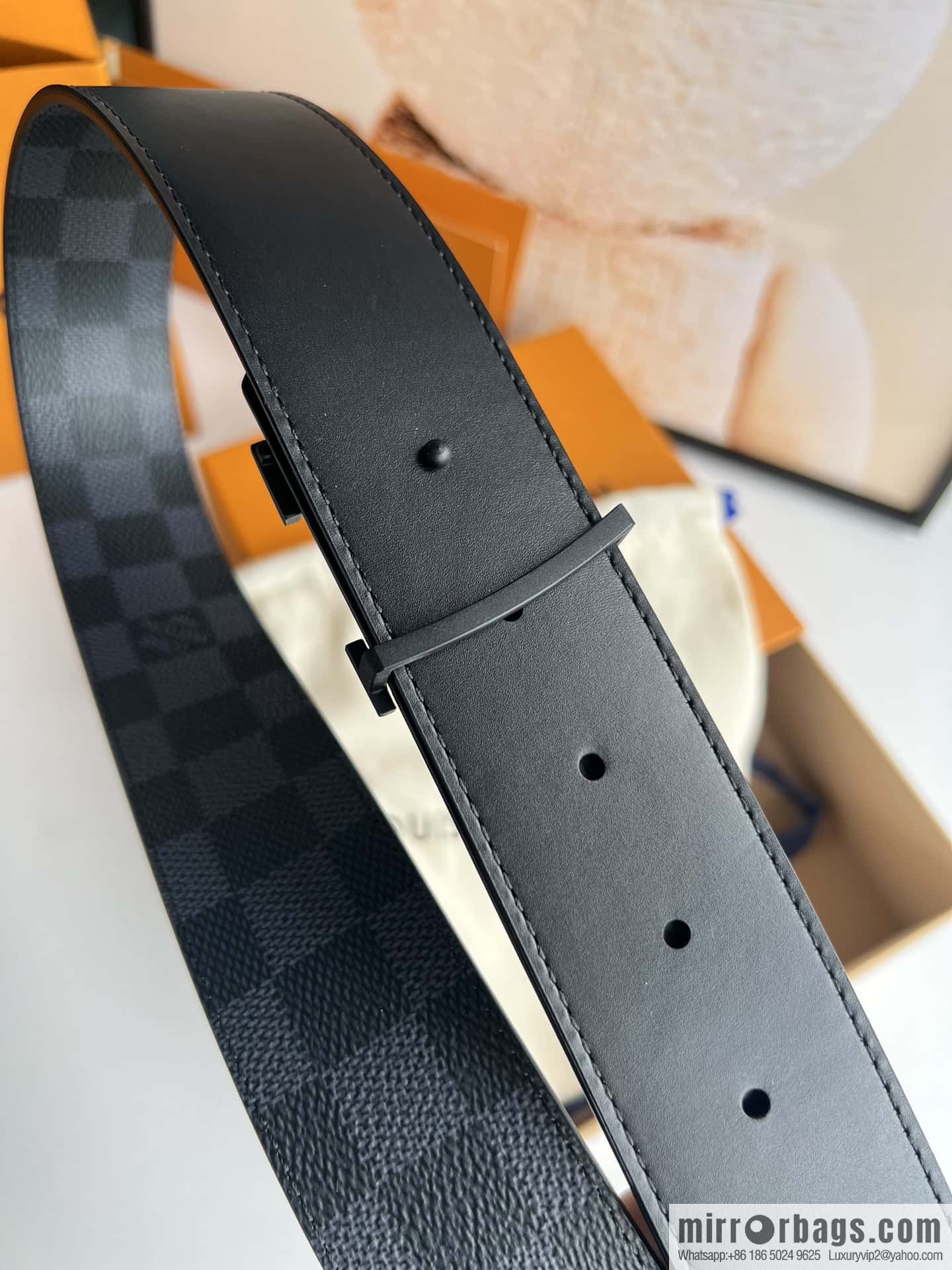 LV Monogram Canvas and Plain Cow Leather Tag Double Sided Belt 40mm