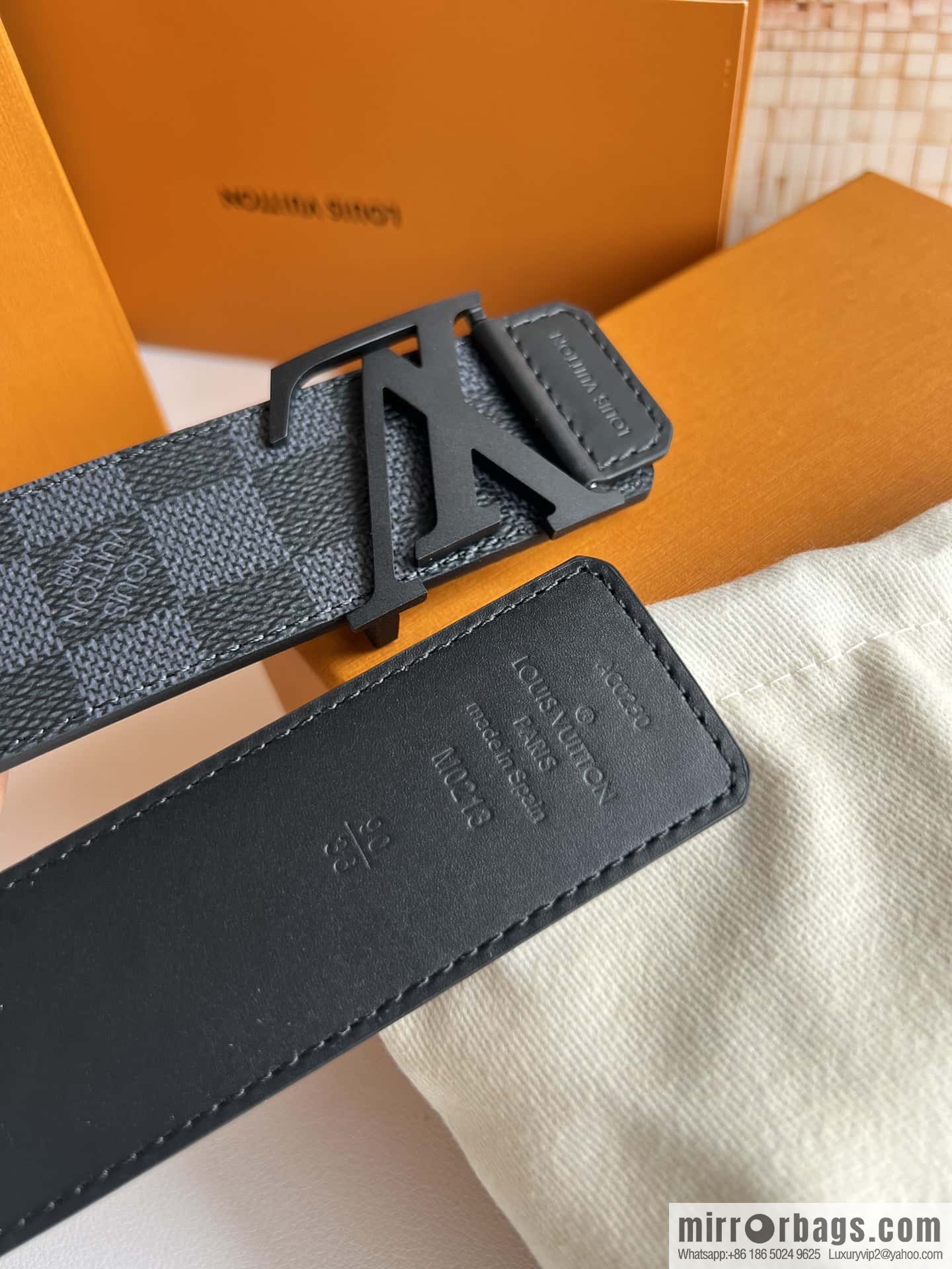 LV Monogram Canvas and Plain Cow Leather Tag Double Sided Belt 40mm