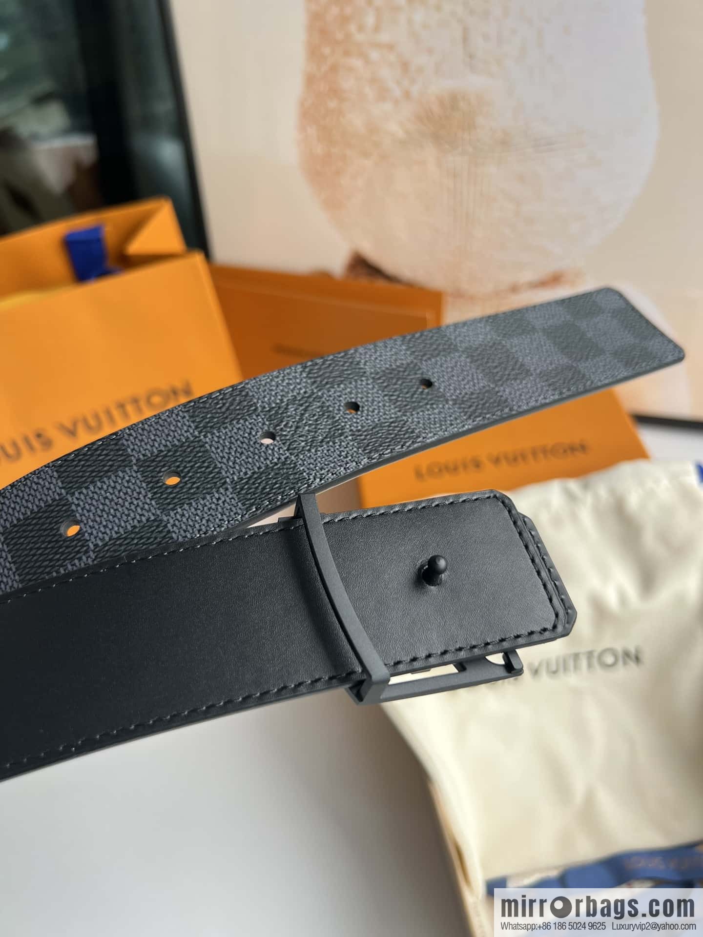 LV Monogram Canvas and Plain Cow Leather Tag Double Sided Belt 40mm