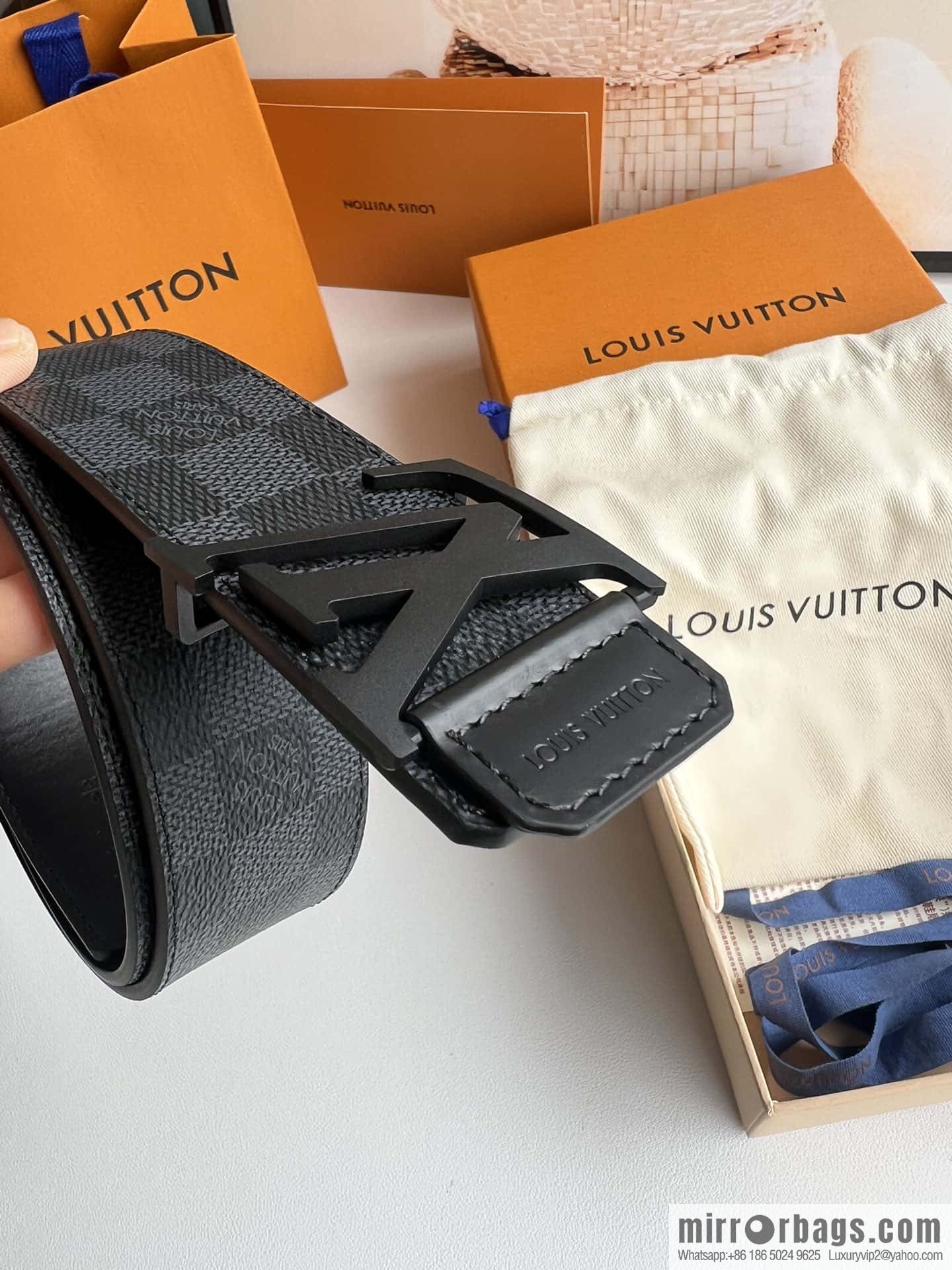 LV Monogram Canvas and Plain Cow Leather Tag Double Sided Belt 40mm
