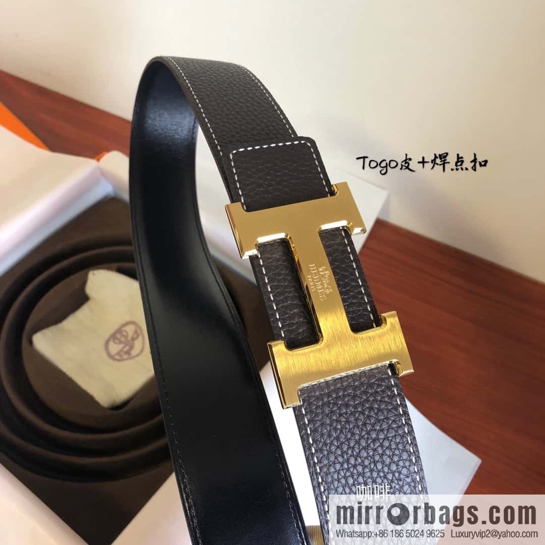 Hermes Togo leather with stainless steel horse-drawn carriage solder joint buckle 38mm belt