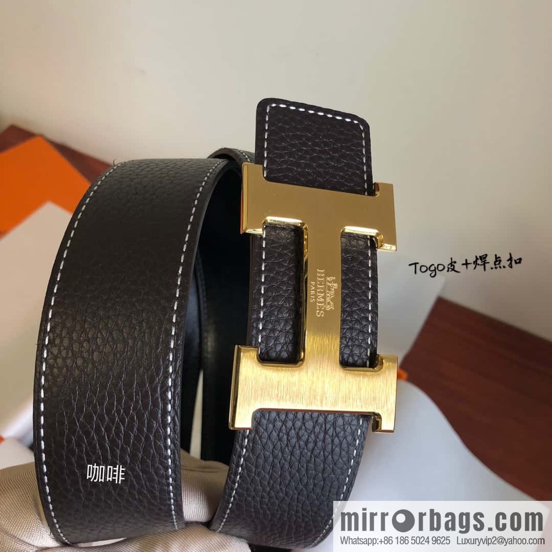 Hermes Togo leather with stainless steel horse-drawn carriage solder joint buckle 38mm belt