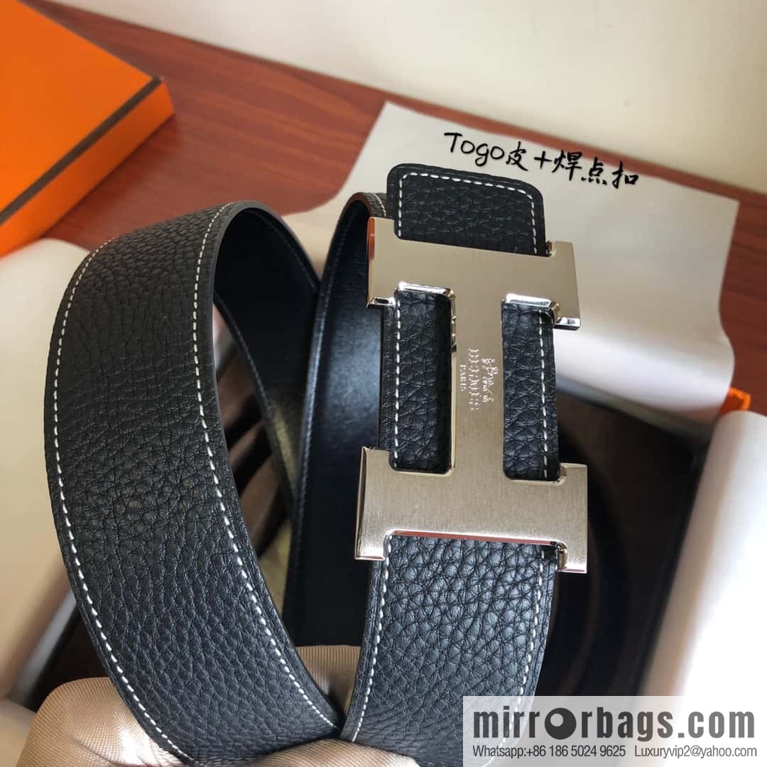 Hermes Togo leather with stainless steel horse-drawn carriage solder joint buckle 38mm belt