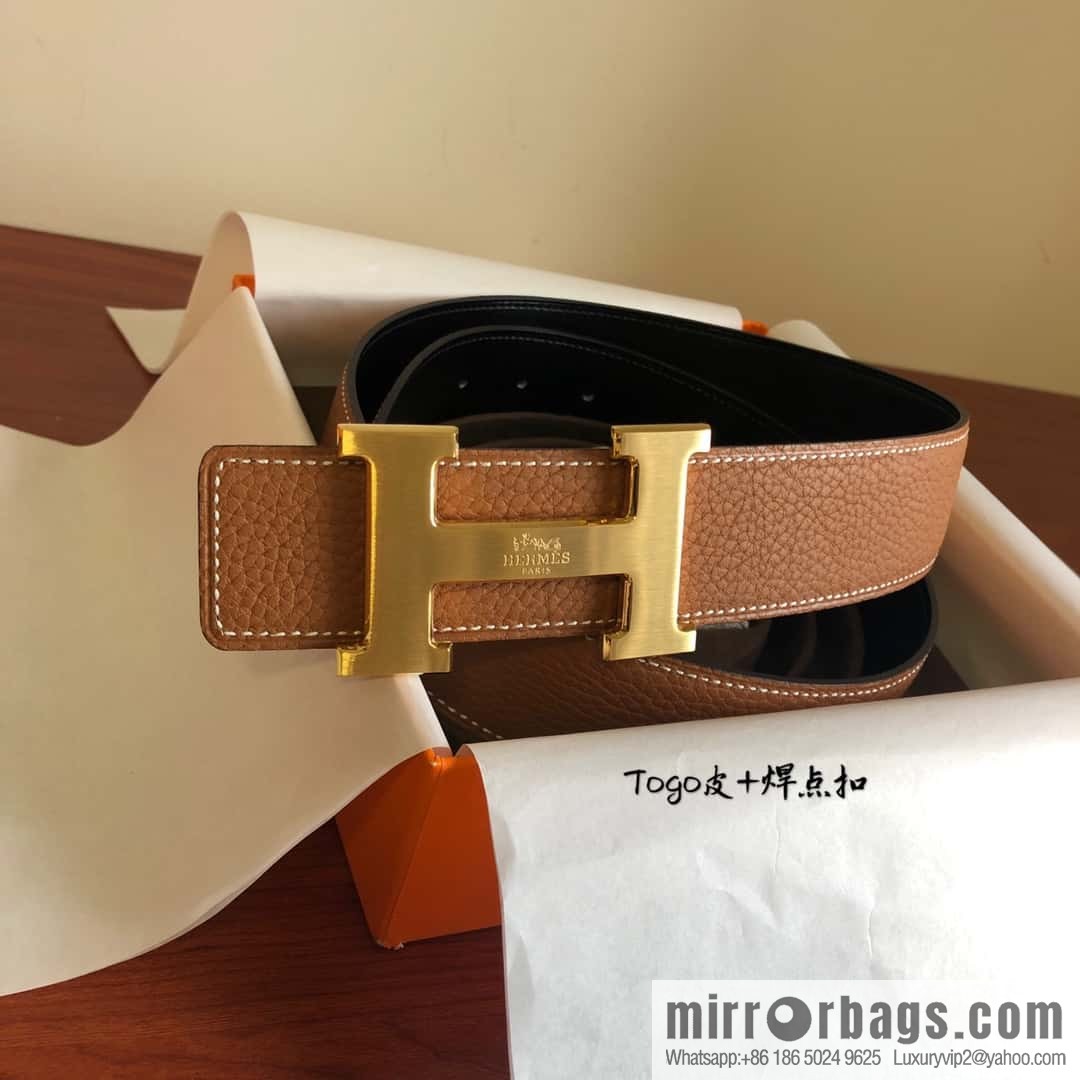 Hermes Togo leather with stainless steel horse-drawn carriage solder joint buckle 38mm belt