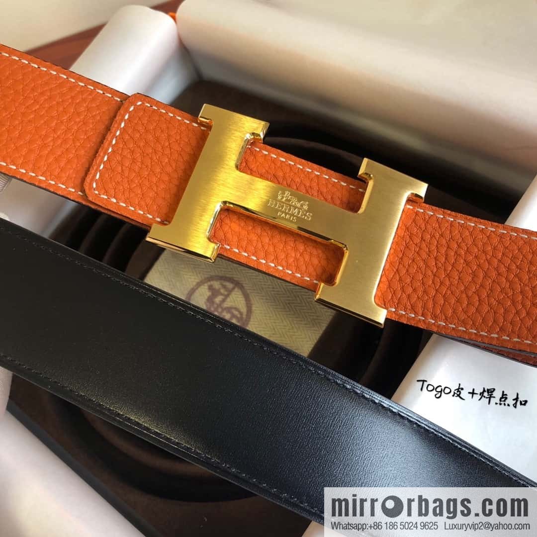 Hermes Togo leather with stainless steel horse-drawn carriage solder joint buckle 38mm belt