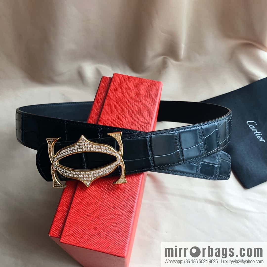 Cartier 3.5cm Stainless Steel Double C Inlaid Diamond Buckle, Crocodile Belt