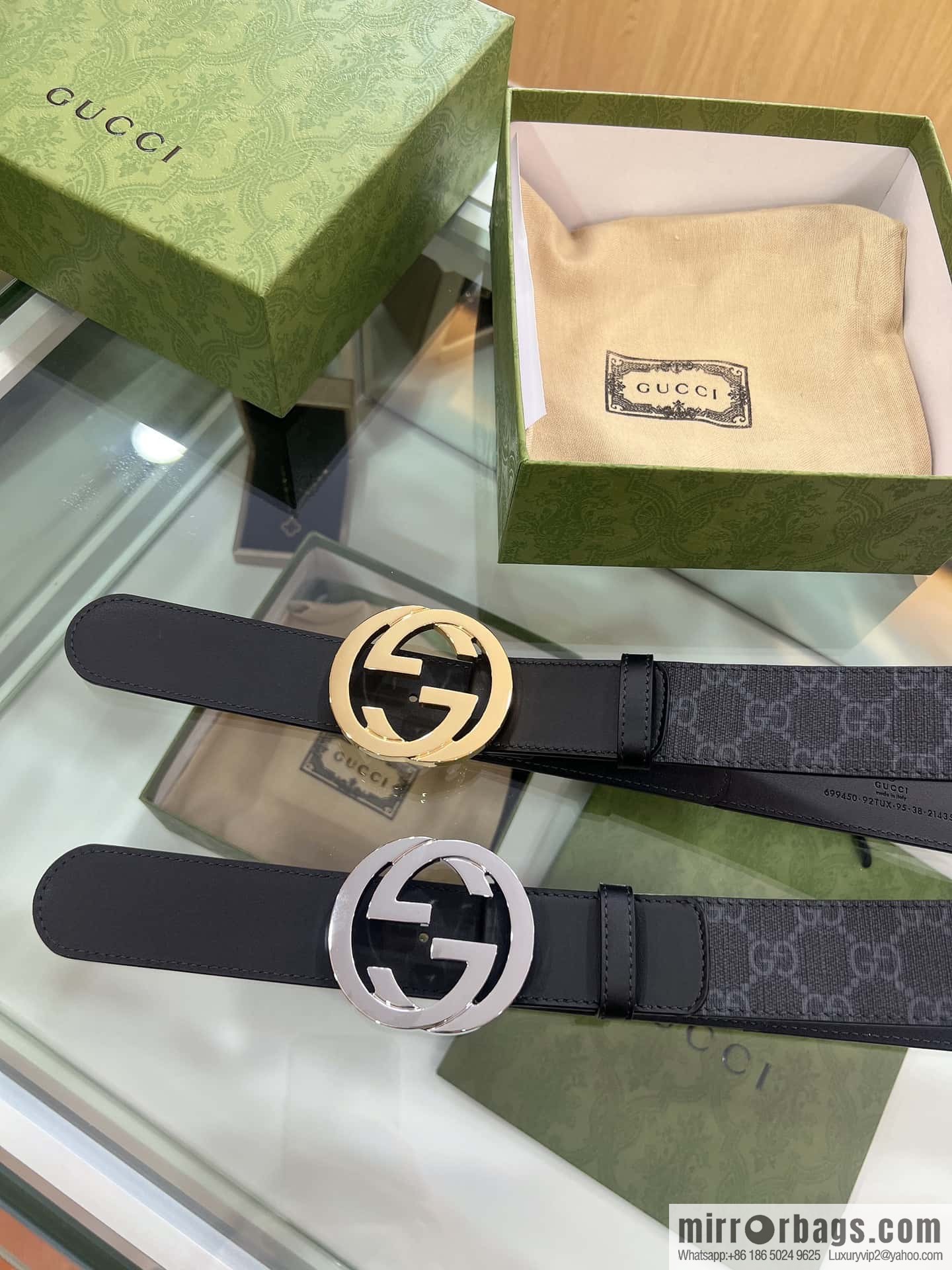 GUCCI dark canvas double G metal buckle printed belt