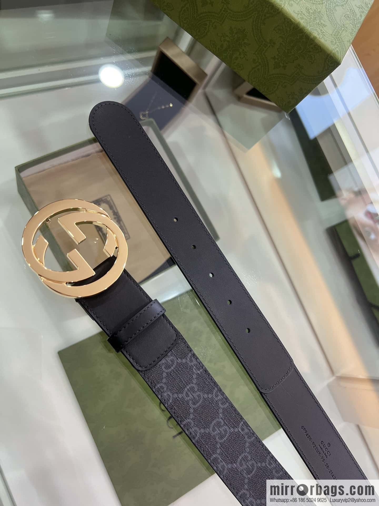 GUCCI dark canvas double G metal buckle printed belt