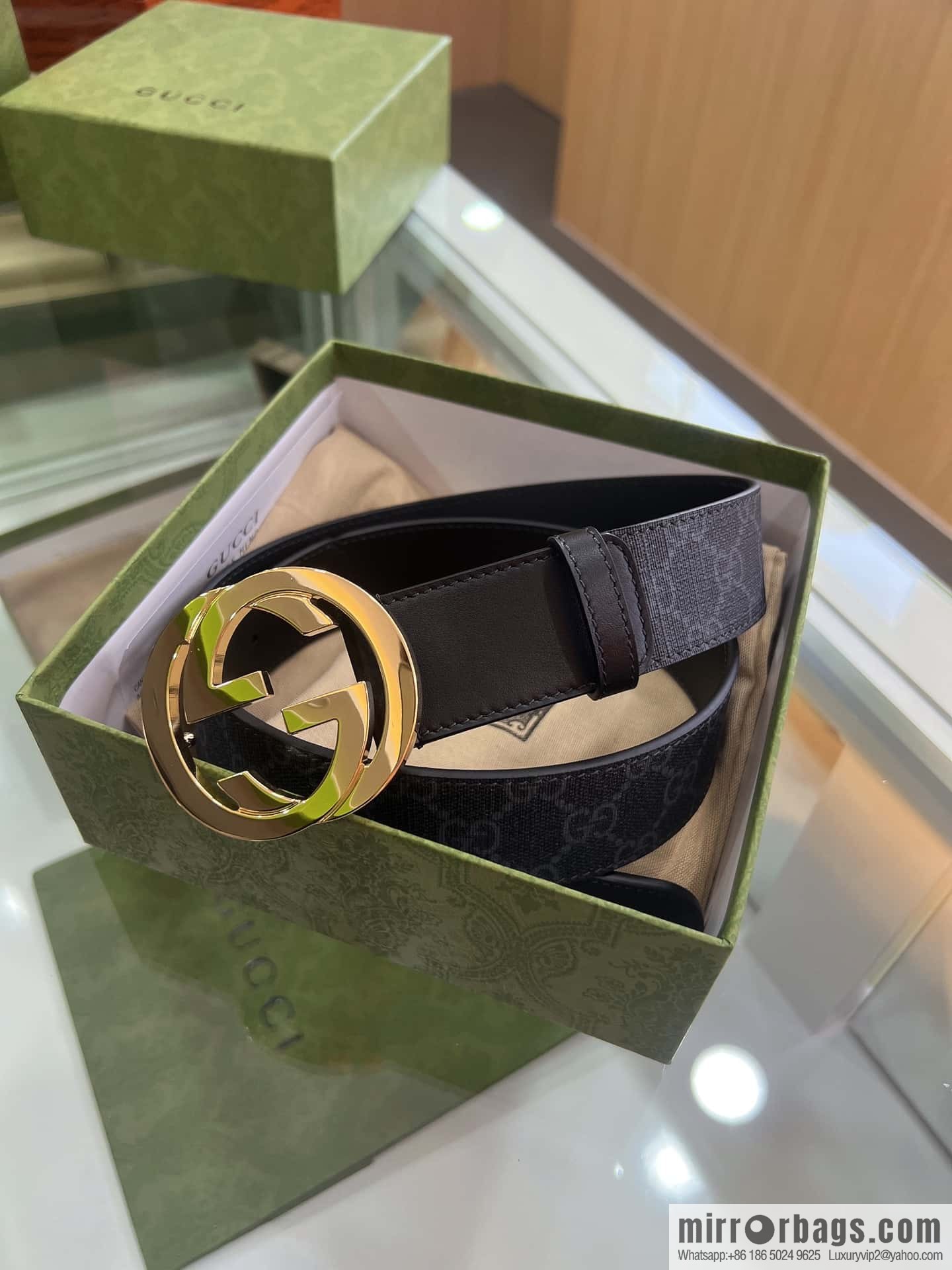 GUCCI dark canvas double G metal buckle printed belt