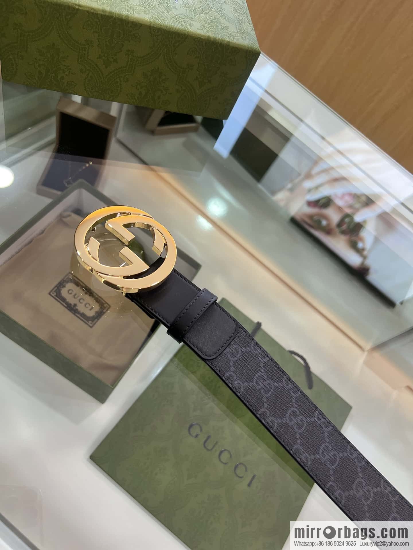 GUCCI dark canvas double G metal buckle printed belt