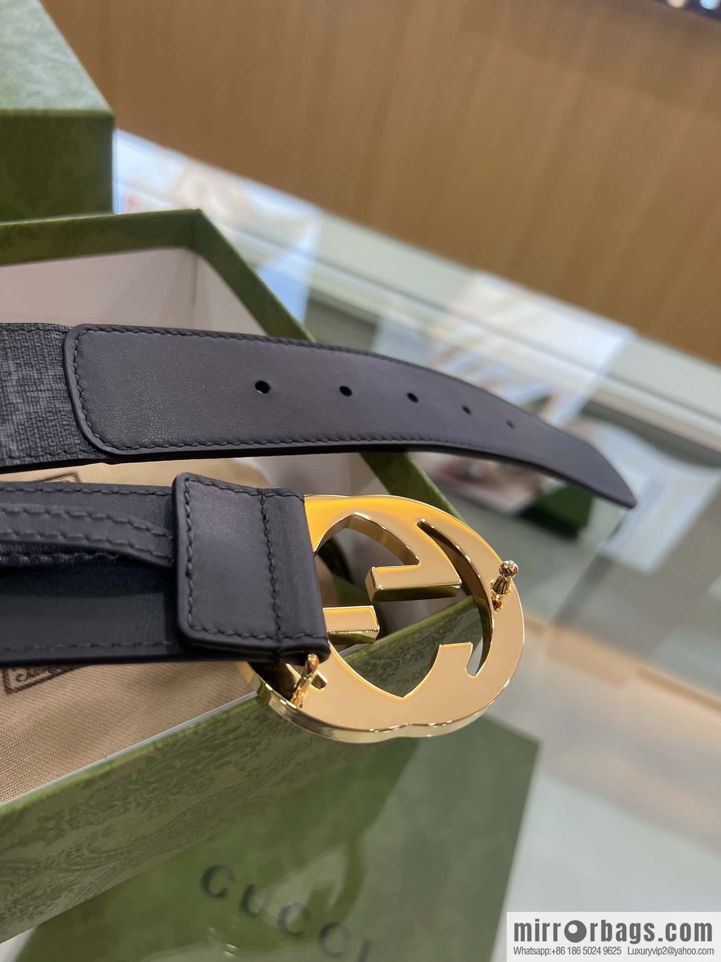 GUCCI dark canvas double G metal buckle printed belt