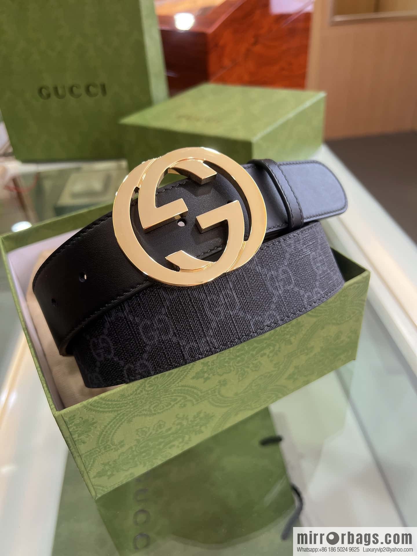 GUCCI dark canvas double G metal buckle printed belt
