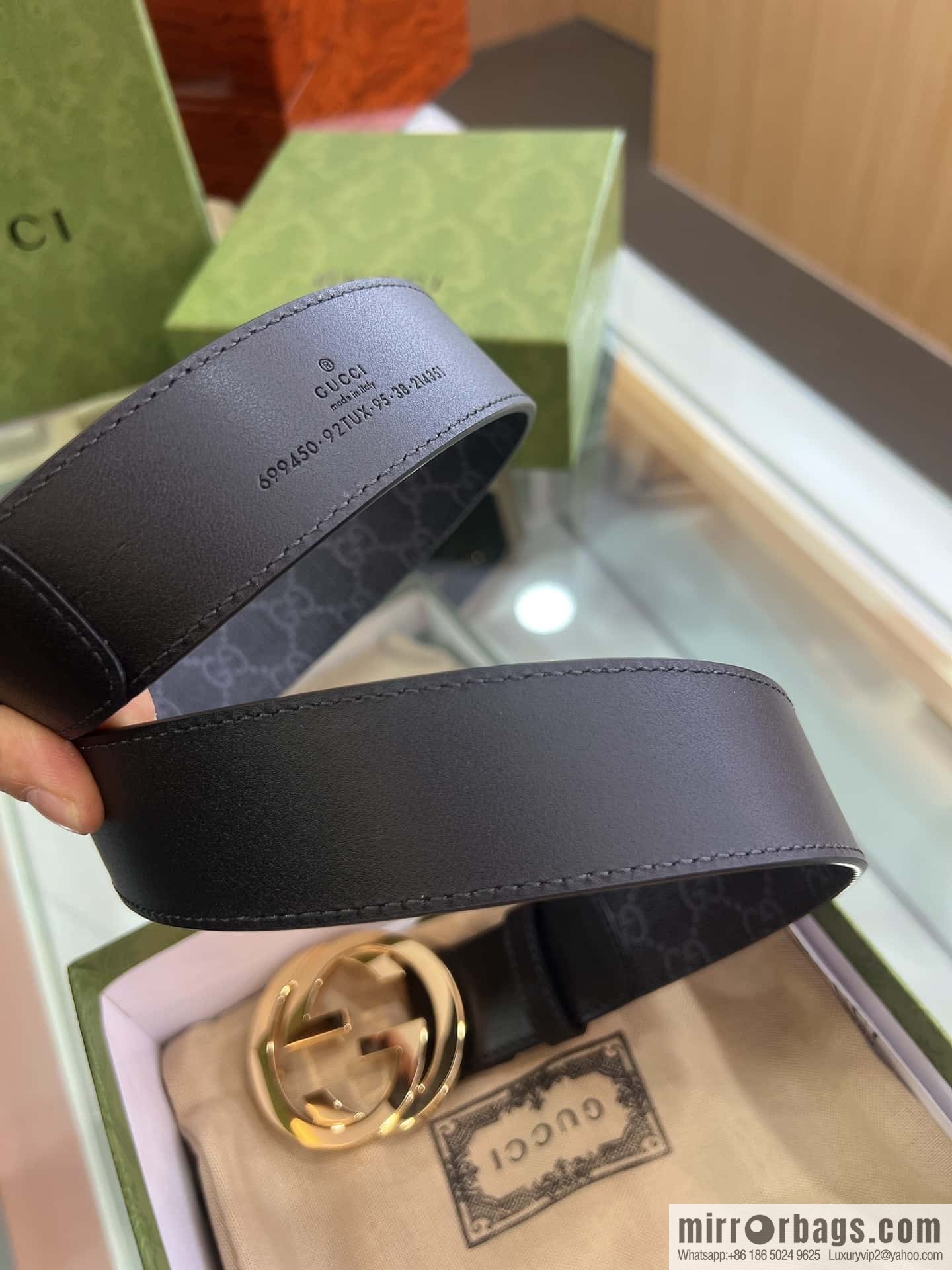 GUCCI dark canvas double G metal buckle printed belt