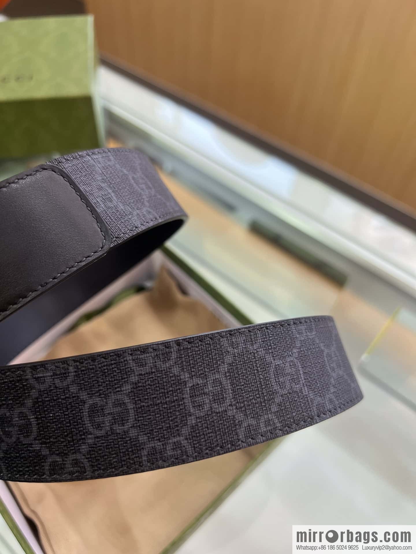 GUCCI dark canvas double G metal buckle printed belt