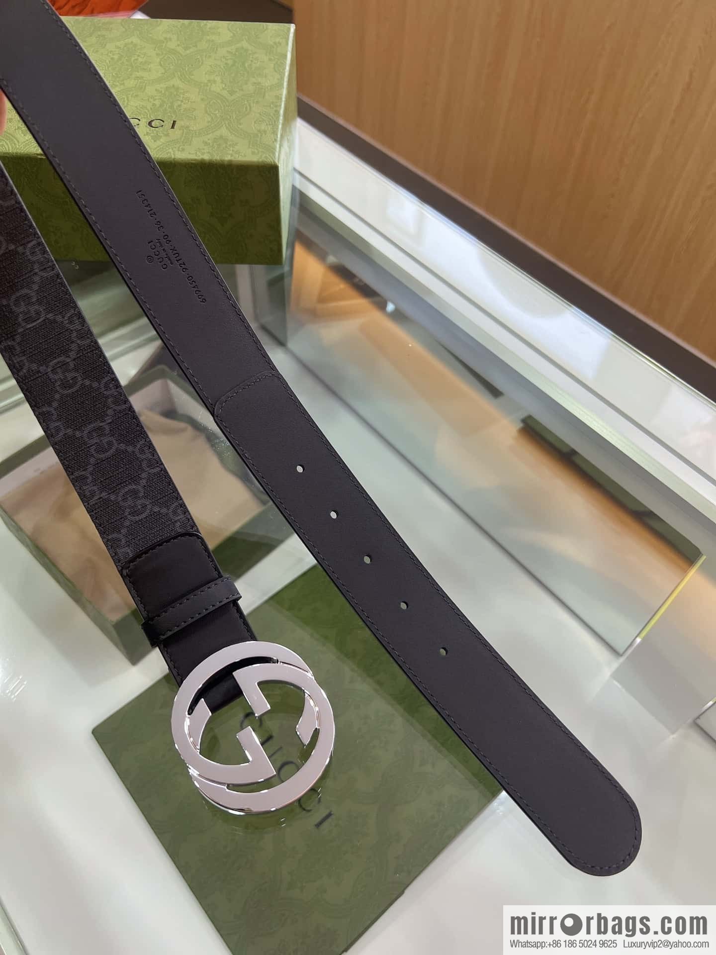GUCCI dark canvas double G metal buckle printed belt
