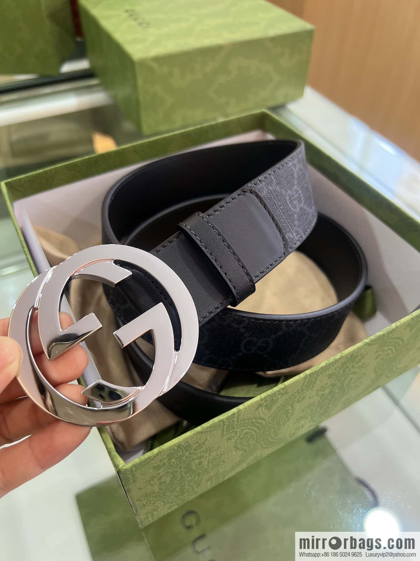 GUCCI dark canvas double G metal buckle printed belt